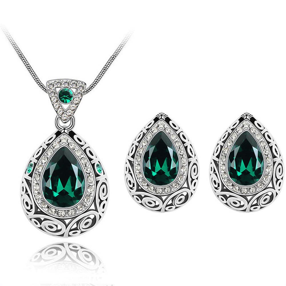 FFWTPY Juego de joyas de boda para Mujer Plata Cristal Conjunto de Collar y Pendientes Retro Lágrima Conjunto con Colgante para Niña Novia y Dama de honor