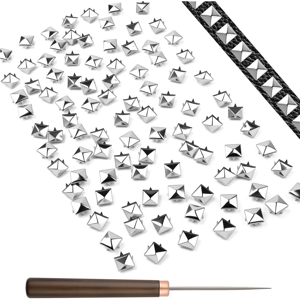 Ctrlzs Silver Square Pyramid Studs Set Of 400Pcs Metal Studs And Spikes Kit Featuring 1 Wooden Handle Cone, Metal Claw Nailhead For Clothing