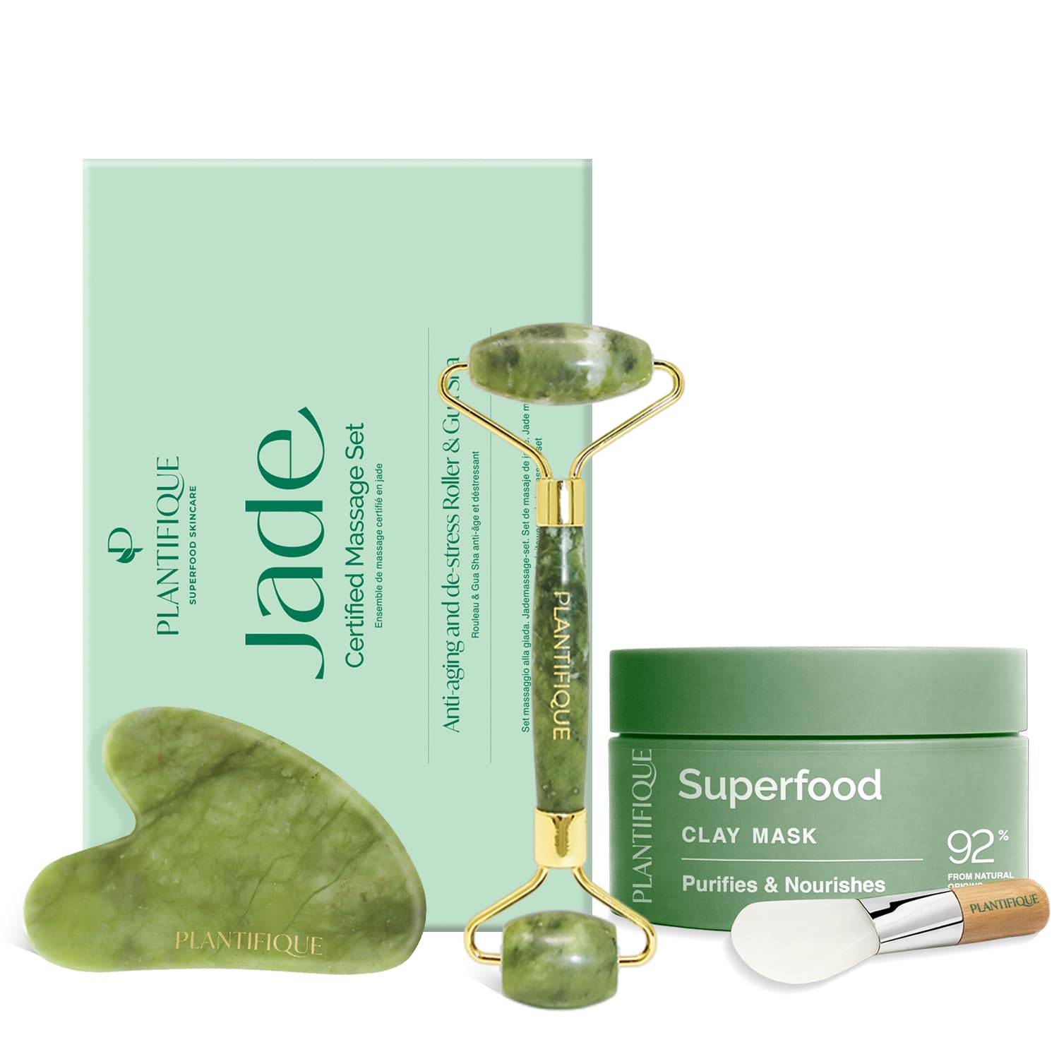 PLANTIFIQUE Korean Skincare Clay Mask – Hydrating Mud Mask, 110 g & Jade Roller & Gua Sha Set - Facial Tools for Skin Care Routine