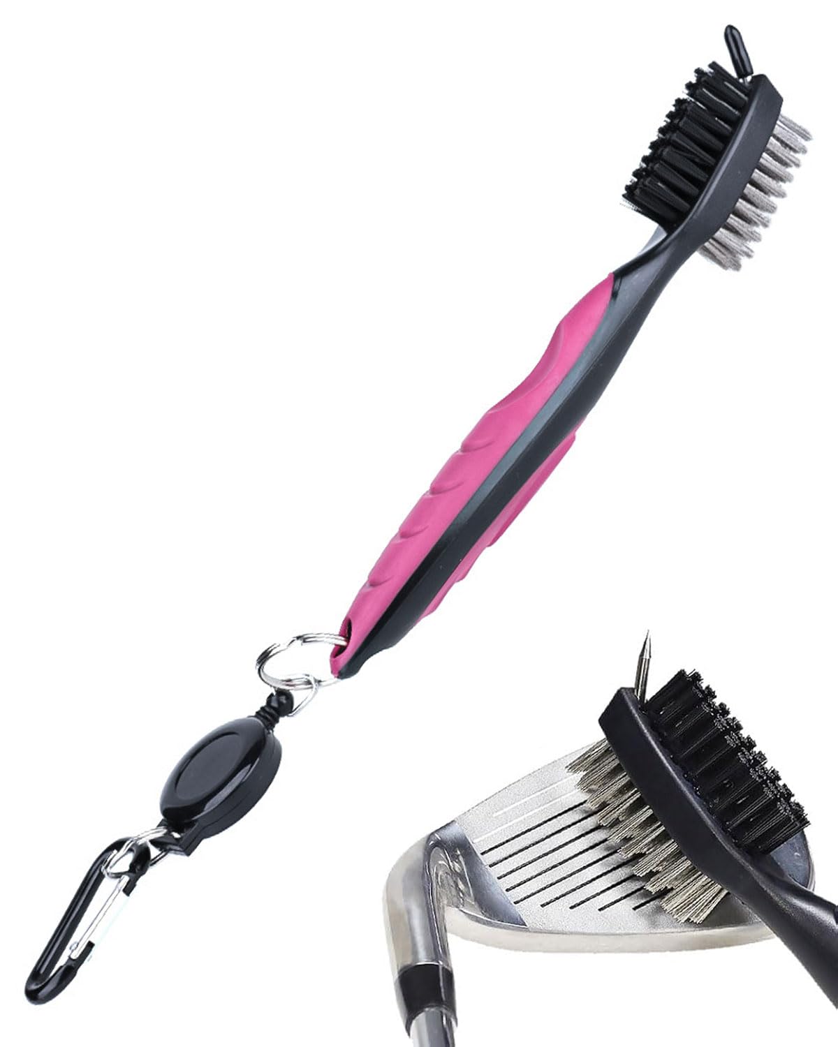 Spazzola per Mazze da Golf e Pulisci Groove Spazzola Doppio Lato Nylon, Acciaio con Setole per Pulire Faccia e Groove delle Mazze – Completo di Moschettone per Aggancio Comodo alla Sacca