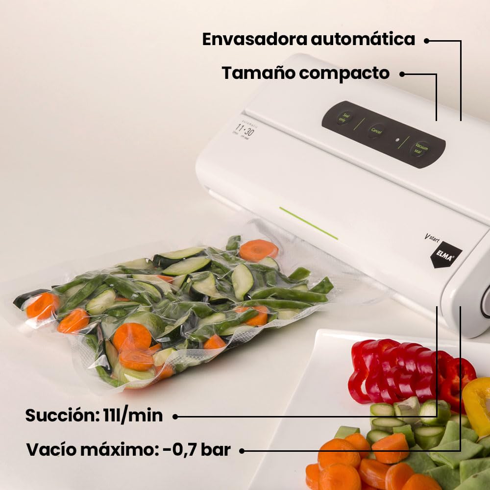 ELMA Envasadora al Vacío Doméstica V Start, Máquina al Vacío de Alimentos | Tamaño Compacto, Envasadora Automática con Barra de Sellado de 30cm | Blanco, 34 x 15 x 7cm, 175W | Incluye Bolsas al Vacío
