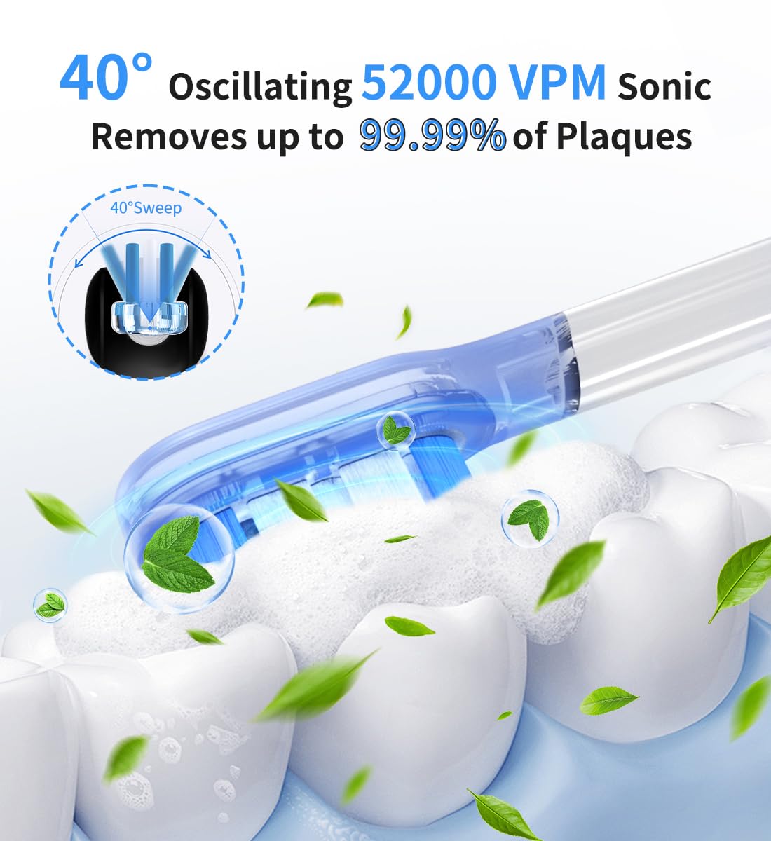 Spazzolino elettrico oscillante a 40° 52000 VPM con display intelligente AI, 4 modalità con rilevamento punti mancanti, sensore di pressione, timer da 2 minuti, spazzolino sonico con custodia