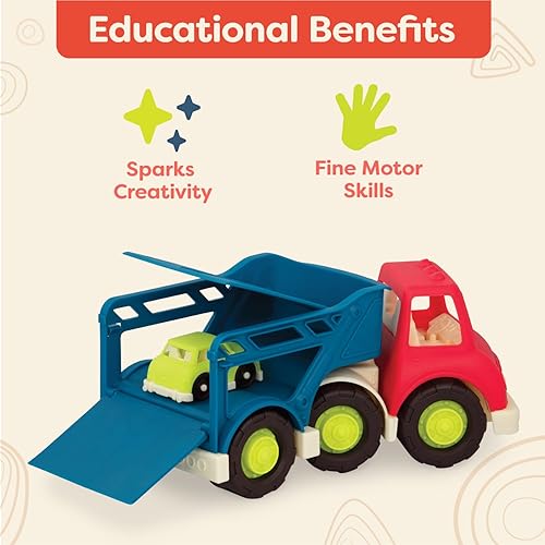 Miniatura 3 de B. toys Camión transportador de automóviles - Transportador de autos de juguete - 2 mini autos - Camiones de juguete para niños pequeños, niños - 12