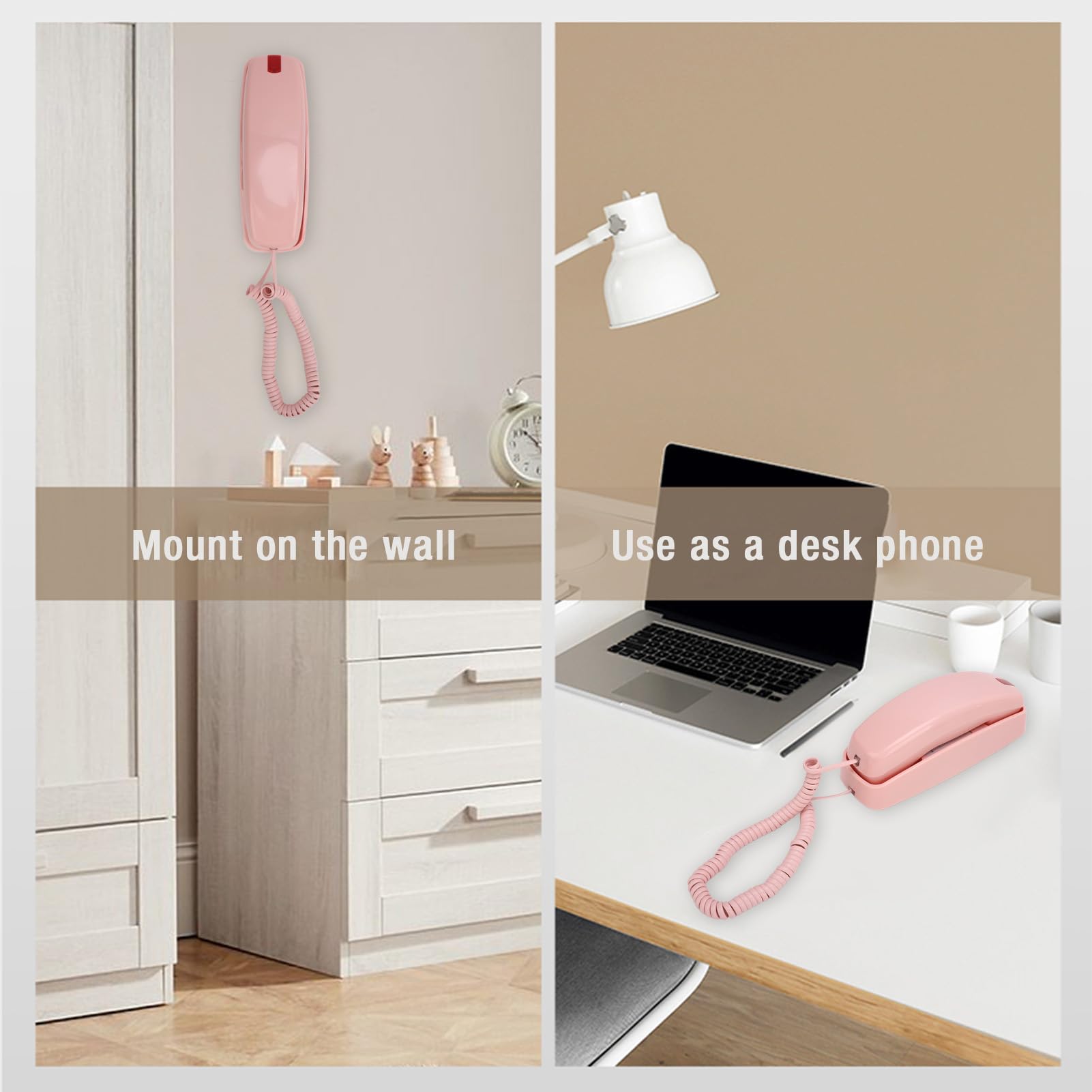 Schnurgebundenes Telefon, Einstellbare Lautstärke, Lauter Klingelton, Große Ziffern, Wandmontierbar, Vintage-Stil, für den Heimgebrauch Geeignet (Rosa)