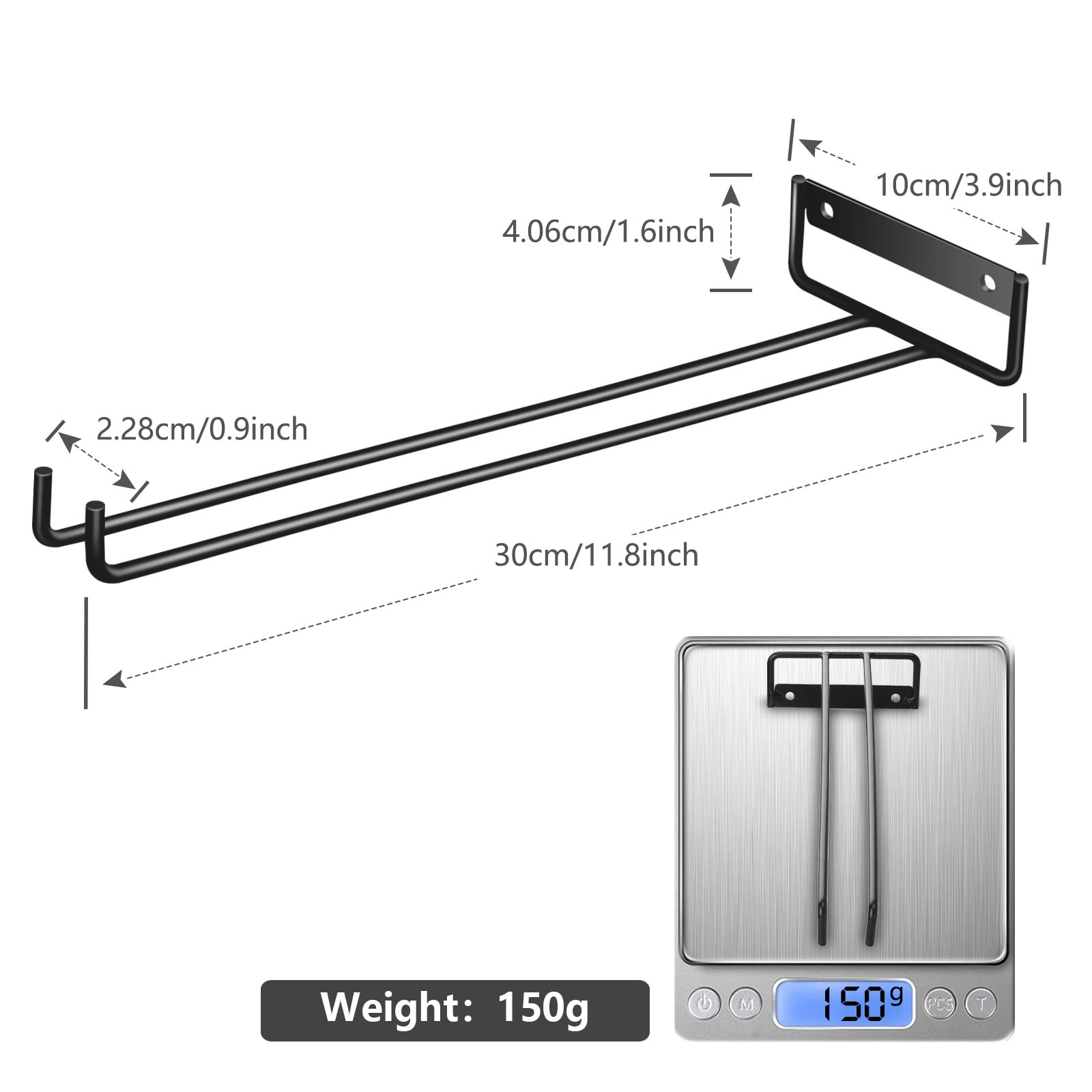 MOCOBO Porta Bicchieri da Vino, 4 rack Portabicchieri Sospeso con Viti Porta Calici Da Parete Metallo Supporto Bicchieri da Parete Rack per Calici Per Cucina Bar Armadietto Casa (30cm, nero)