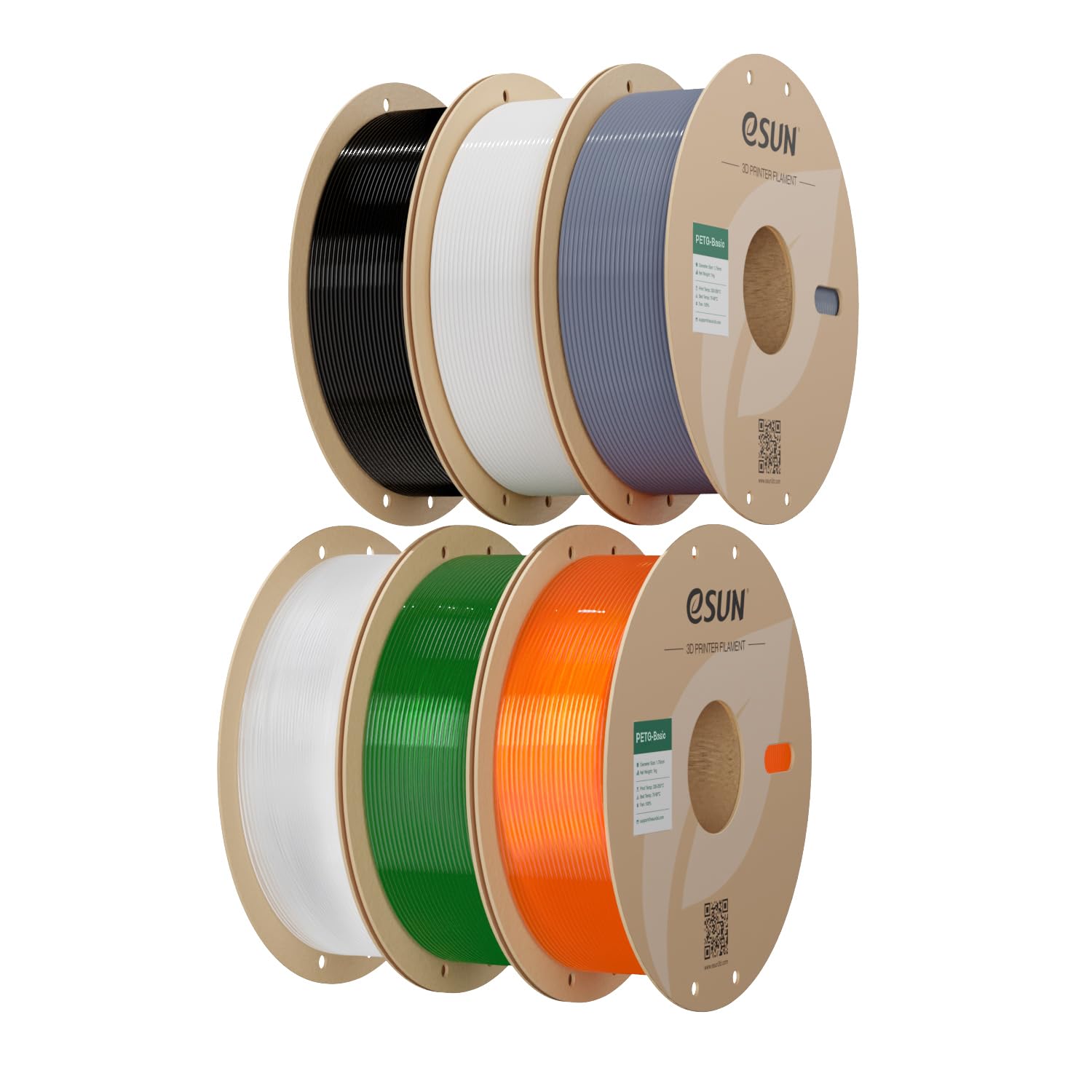 eSUN 6KG PETG Basic Filamento, filamento PETG per stampante 3D da 1,75 mm, bobina da 1 kg, in totale 6 kg, Nero+Bianco+Grigio+Trasparente+Arancione trasparente+Verde trasparente