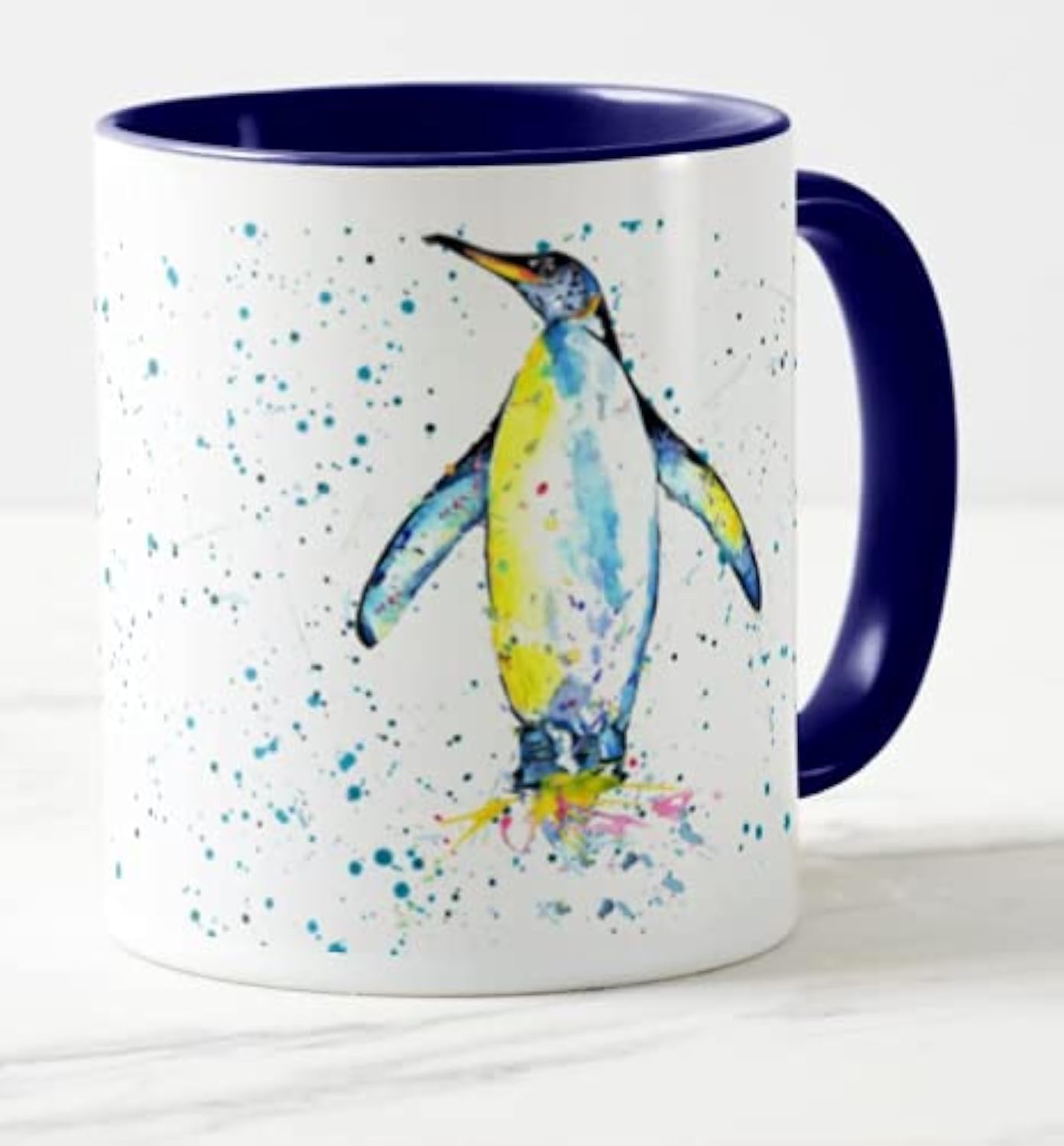 Vixar Navy Penguin Bird Watercolour Rainbow Art Coloured Mug Cup, Gift, Birthday, Work, Office, Christmas Tea Coffee (Navy)