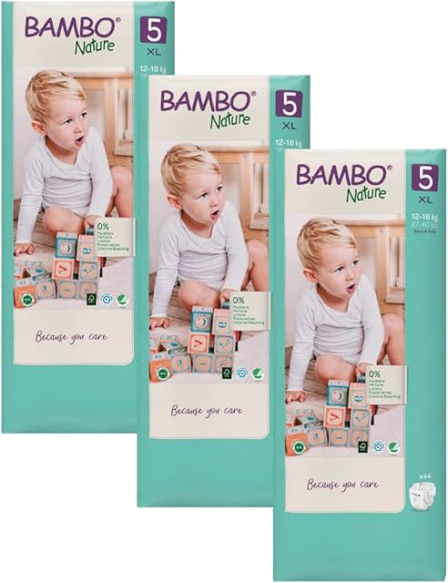Bambo Nature Premium Eco Nappies, Eco-Friendly Sustainable Nappies, Enhanced Leakage Protection, Secure & Comfortable Baby Nappies, Secure, Comfortable- Size 5 Nappies (27-40lb/12-18kg), Junior, 132PK
