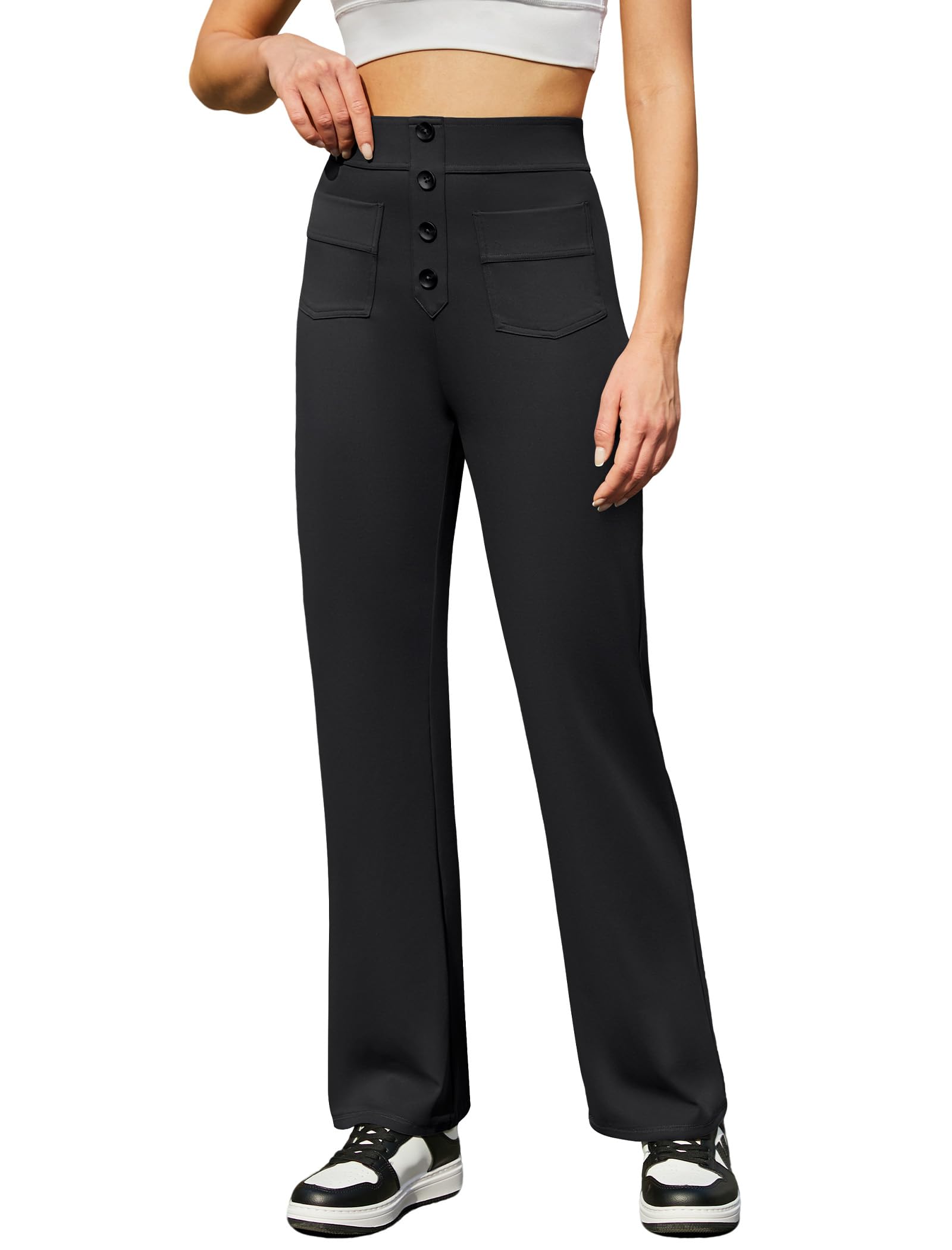 Friptspyg Hosen Damen Hohe Taille Freizeithose Stretch Hose mit Knopf Gerade Yogahose mit Taschen Elastische Hose Damen Weites Bein für Bewegung und Freizeit