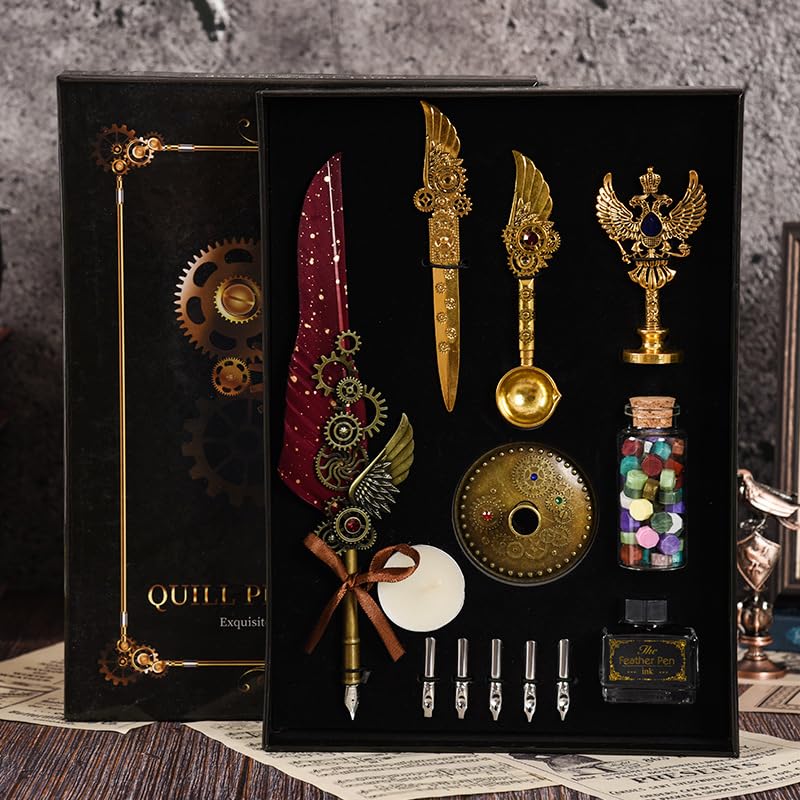 Image of PLUSPOINT Vintage Quill Pen and Ink Set Elegant Writing Luxury Fountain Calligraphy Ink Pen Set with Wax for Stamp Retro Decor Dip Pen Office Stationery Corporate Gifting for Signature, Black