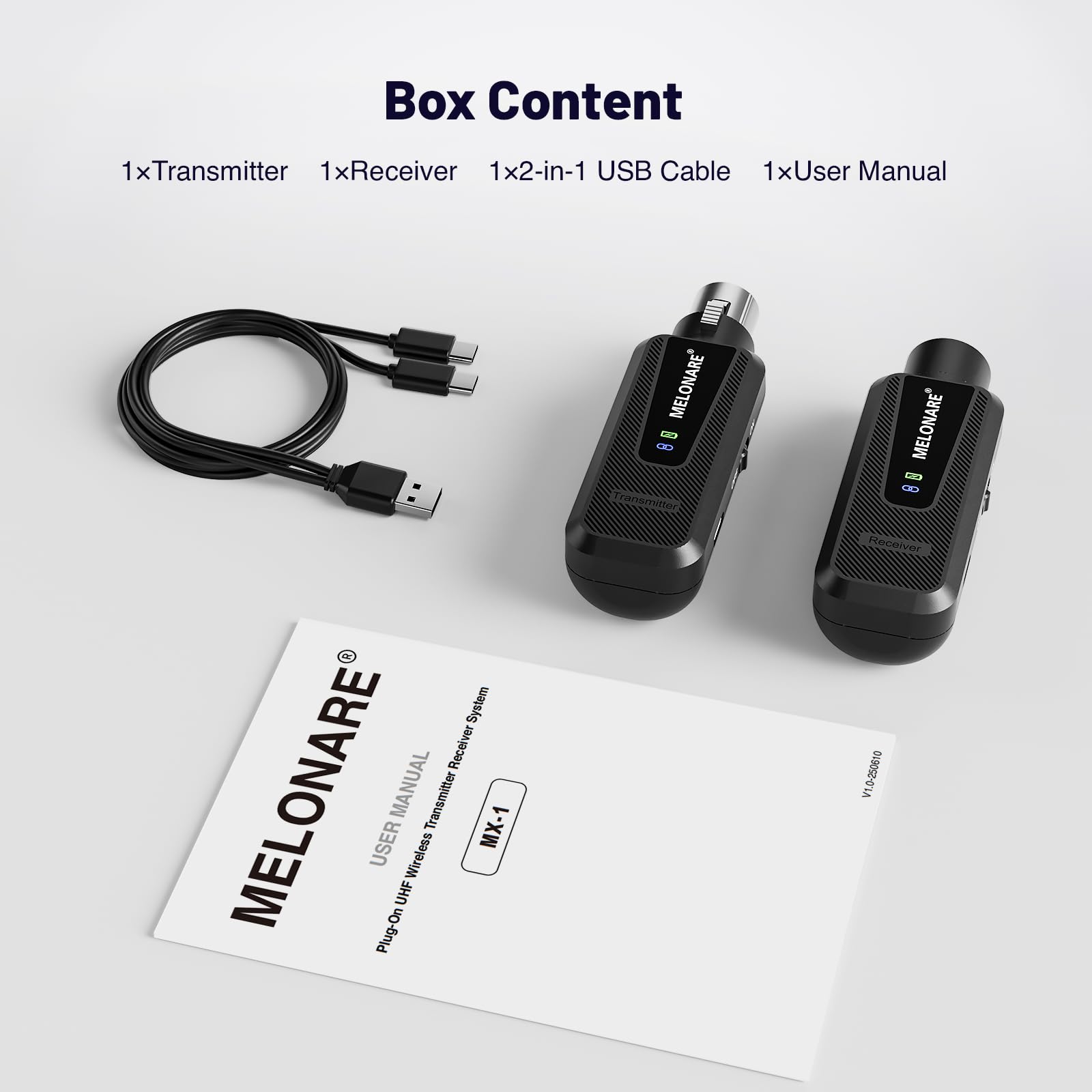 Melonare Adaptateur de microphone sans fil UHF 900 MHz XLR, système émetteur et récepteur audio sans fil XLR, portée de 50 m, alimentation fantôme + 48 V pour micro, mixeur audio et configuration PA