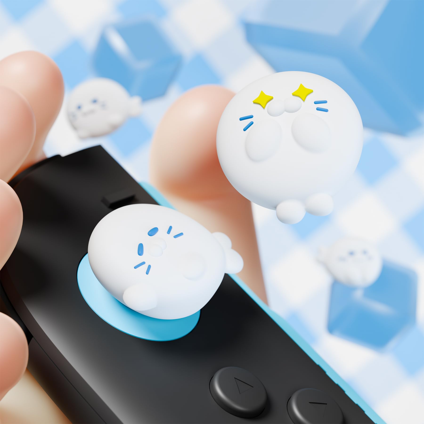 PlayVital 4 Piezas de Agarres para el Pulgar para Nintendo Switch 2 2025, Kawaii Tapas de Silicona para Joysticks de Joycon, Protector para Joystick, Accesorios para Switch 2 (Escuadrón de Focas)