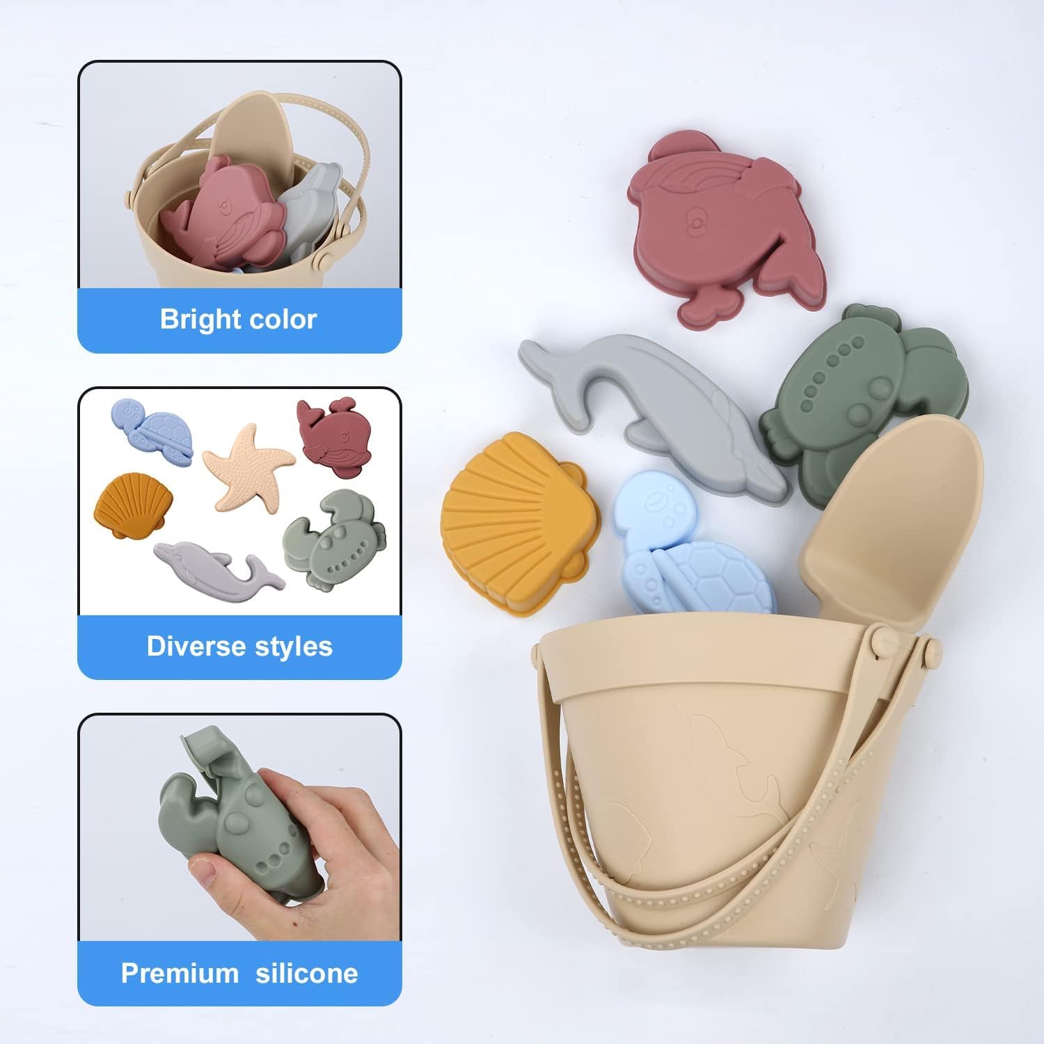 Lot de 6 jouets de plage en silicone pour garçons et filles, jouets de sable, seau et pelle – Ne se cassent pas comme les jouets de plage en plastique – Seau de plage pliable, pelle et
