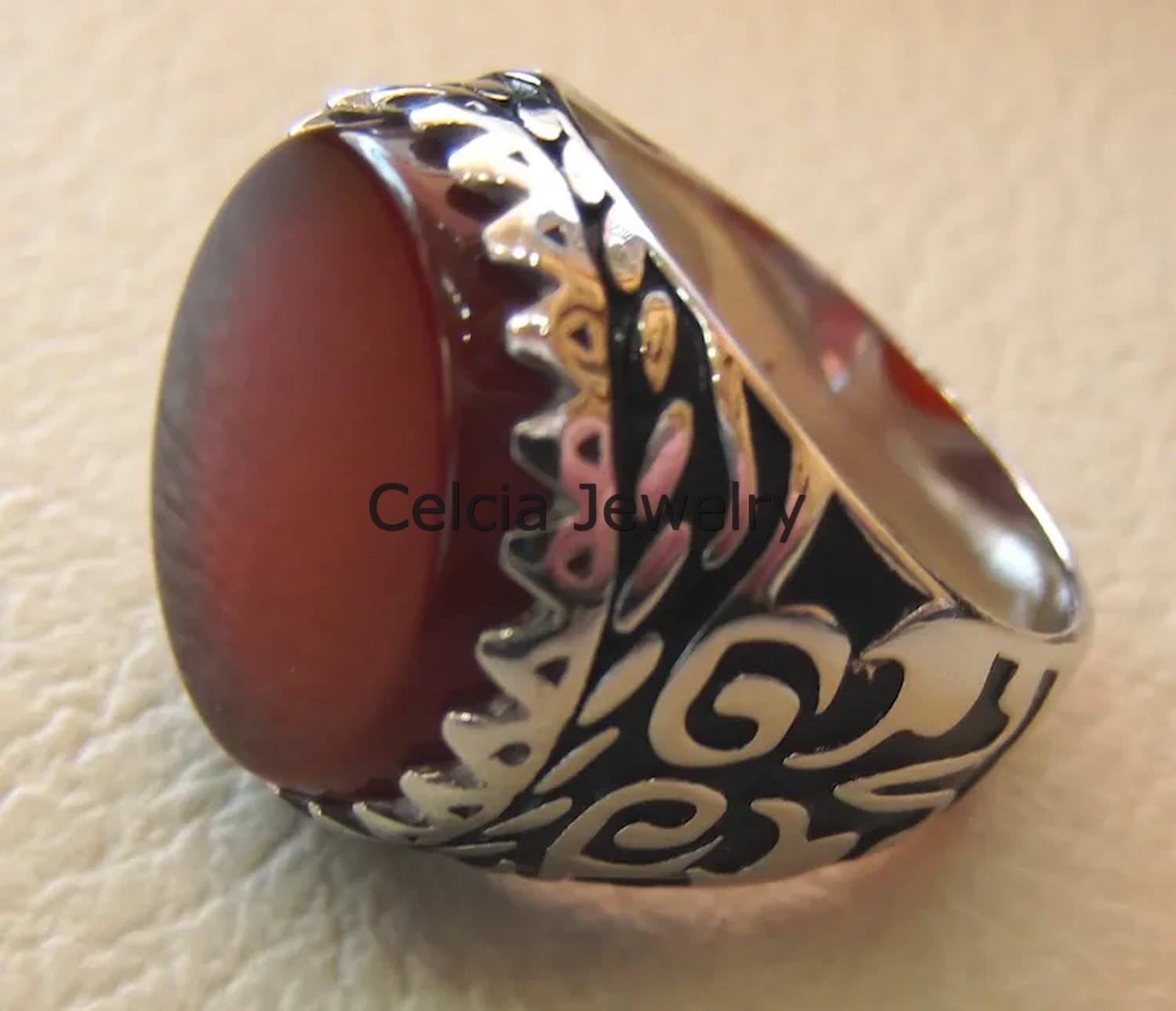 Natürlicher Karneol roter Edelstein runder Ring, massiver 925er Sterlingsilber, Hochzeitsgeschenkring, Siegelring, Versprechenserklärungsring, silberner Emaillering, Herrengeschenke (Karneol)