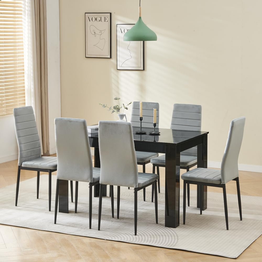 Menaka Wood Dining Table and Chairs Set of 6, Small Rectangular Kitchen Dinner Table with 6 Seaters (Line Grey Velvet Chairs, 120m high gloss black table, 6 seaters)