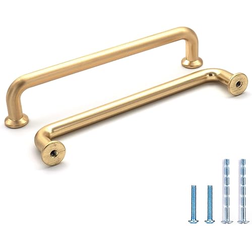 10 Pack Hole Center 5''(128mm) Brushed Brass Kitchen Cabinet Pulls.Zinc Alloy Solid Round Cabinet Handle Drawer Pull Modern Hardware for Bar