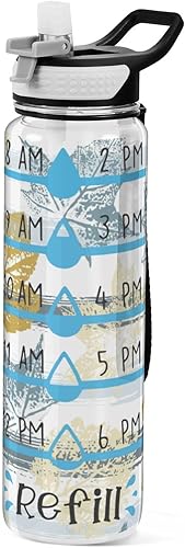 JUNZAN Botella de agua con marcador de tiempo, estampado de hojas de arce otoñal, botellas de agua de 32 onzas con popote para entrenamiento,