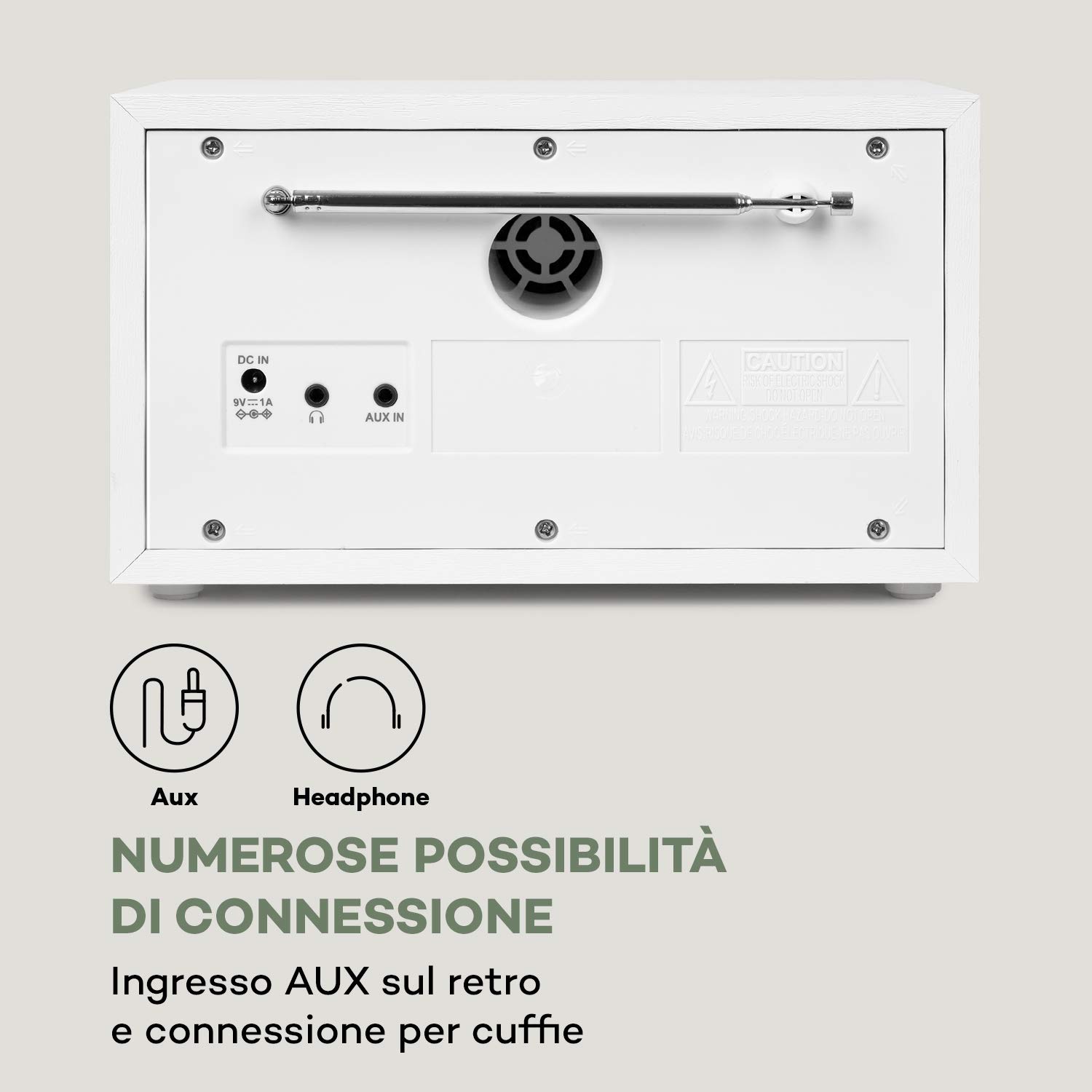 auna Ambient Radio DAB+/FM Bluetooth 5.0 A2DP Display LCD AUX-In Cuffie Effetto Legno Bianco