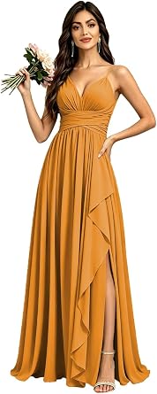 Roxanne Long Chiffon Bridesmaid Dresses for Women Spaghetti Straps V-Neck Summer Wedding Guest Dress with Slit