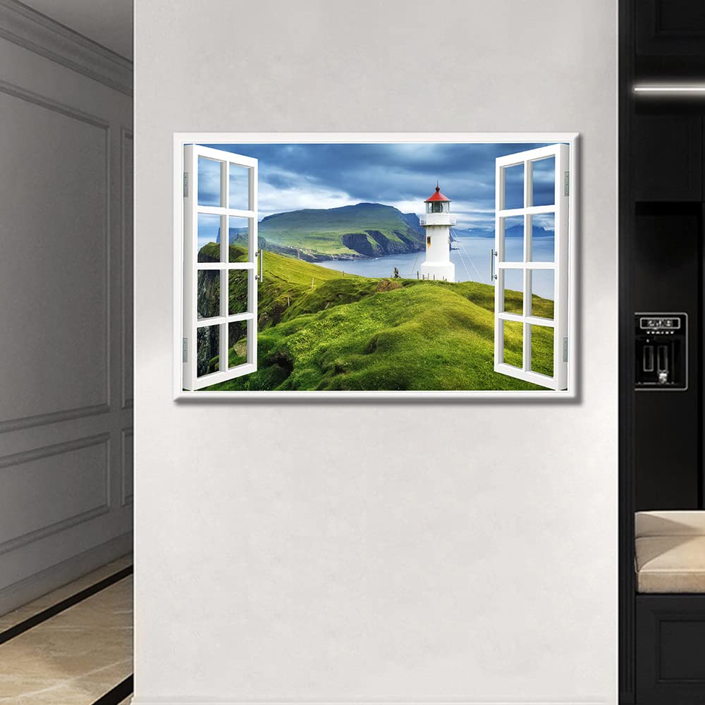 3D Window View Faroe Islands Wall Art for Living Room Canvas Art Wall Decor Mikinski Lighthouse Pictures Natural Landscape Painting Stretched Framed Ready to Hang 16x24inch - Image 4