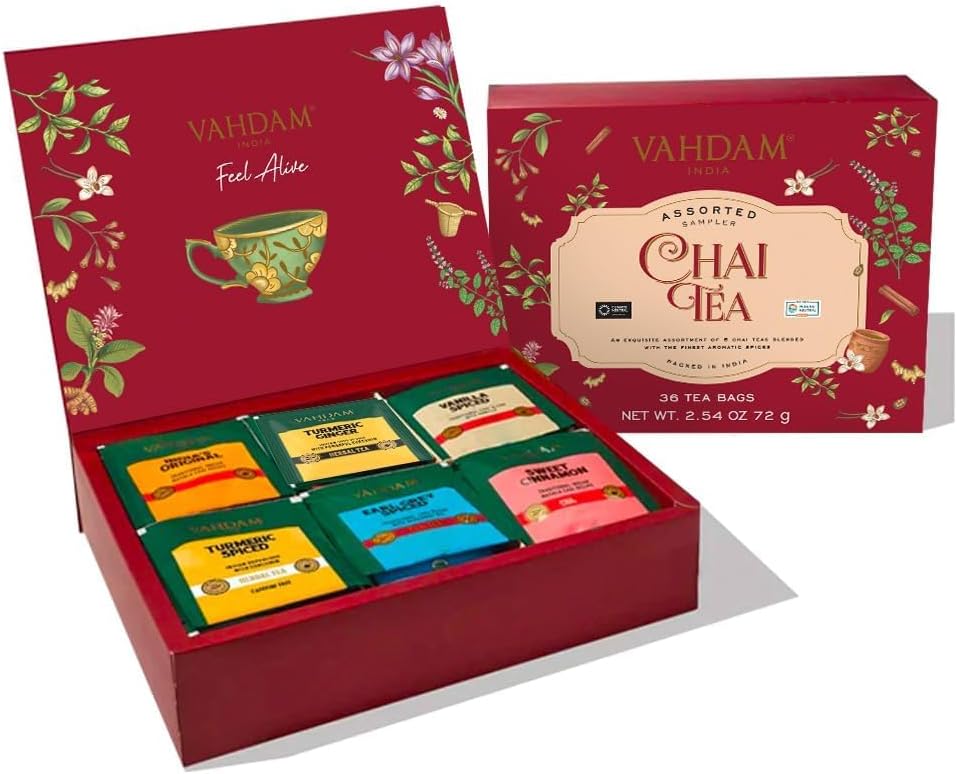Assorted Chai Tea Variety Pack (6 Delicious Flavors, 36 Eco Friendly Pyramid Tea Bags) Caffeinated, Gluten Free, Non GMO | Tea Gift Set for Mom | Mother’s Day Gift for Women