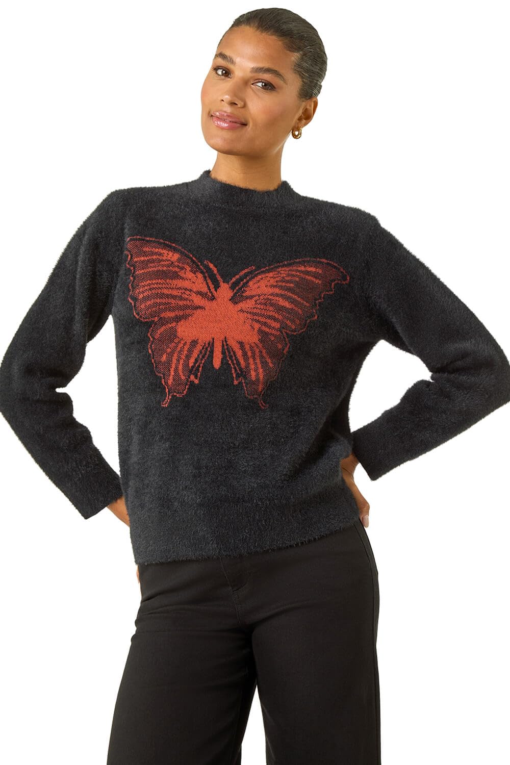 Roman Originals Women's Black Butterfly Crew Neck Knit Jumper For Uk - Everyday Autumn Winter Crew Neckline Comfy Soft Evening Vacation Work Party Night Out - Size 20