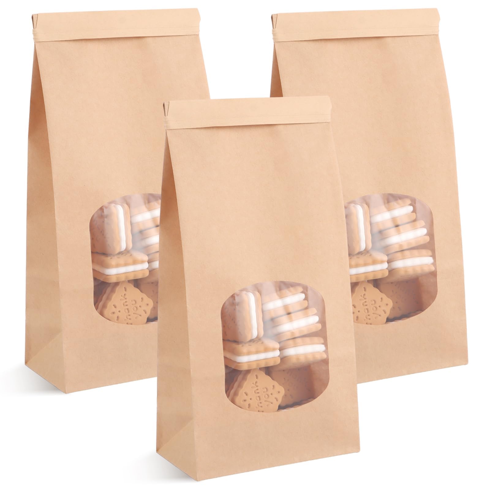 YAYODS 100 sacchetti di carta con finestra, 24 x 12 x 6,5 cm, sacchetti di carta kraft piccoli, sacchetti di carta marrone con chiusura, per biscotti, toast, panini, caramelle, chicchi di caffè