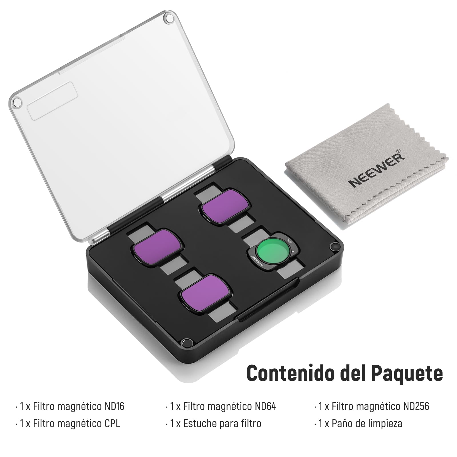 NEEWER Kit de Filtro Magnético Compatible con dji OSMO Pocket 3 / Pocket 4 / Xtra Muse,4 Pack Filtro Polarizador y Densidad Neutra ND16 ND64 ND256 Accesorios Vidrio Óptico HD Multicapa/Marco Aluminio