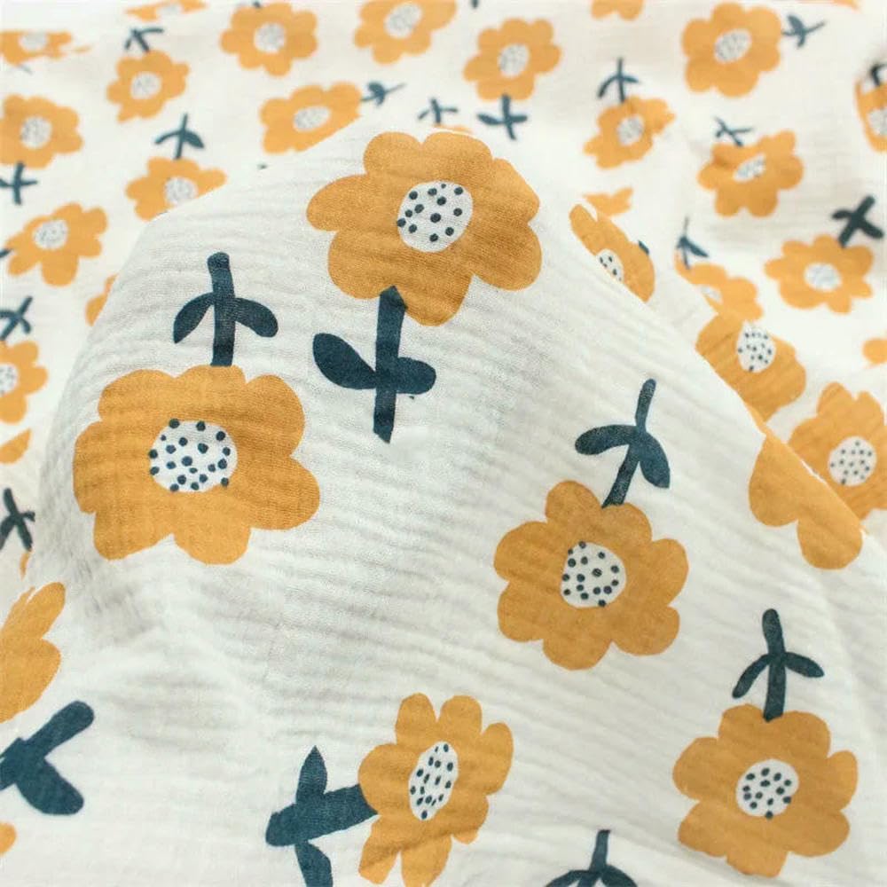 Tejido de gasa doble, Tela Seersucker Crepe De Algodón Estampada Flores Blanco 100x135cm