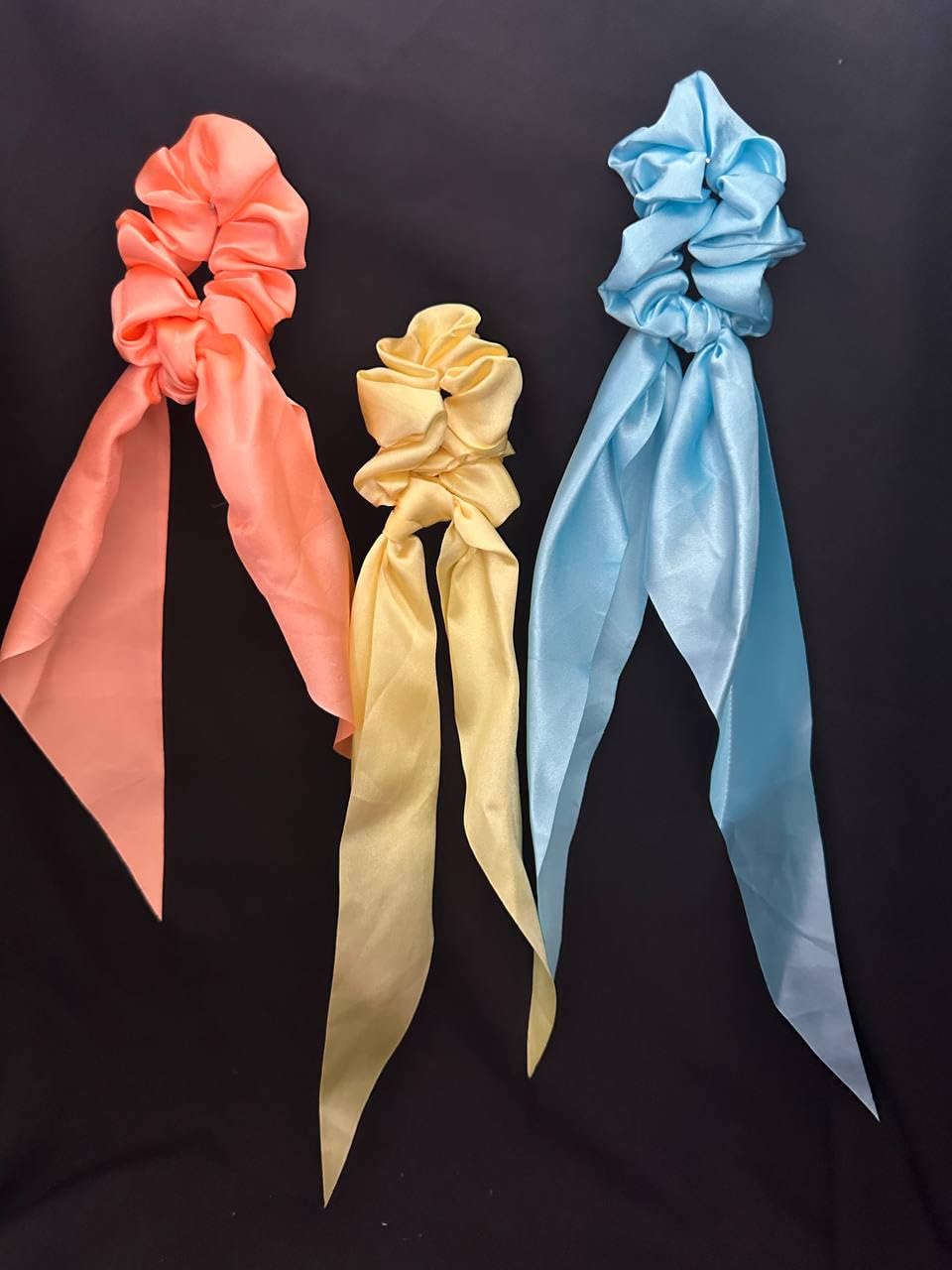 Hair Scrunchies with Bow, Plain Hair Scarf with Ribbon Bow for Woman Ponytail Holder Girls, Satin Scrunchie Long Hair Bands Ties (Pack of 3)-image-9