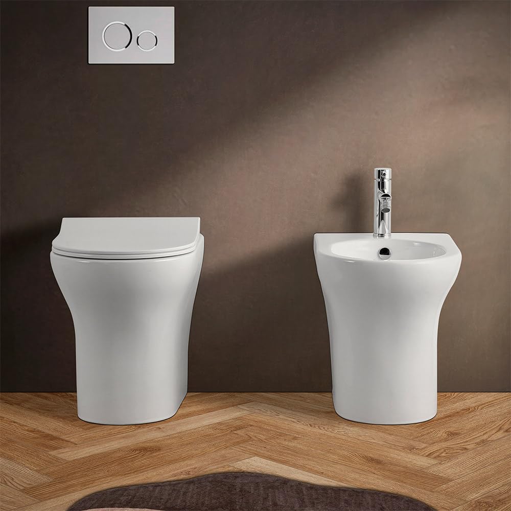 Wc singolo filomuro bianco lucido senza brida, scarico universale a parete o a pavimento, fissaggi inclusi, ITACA