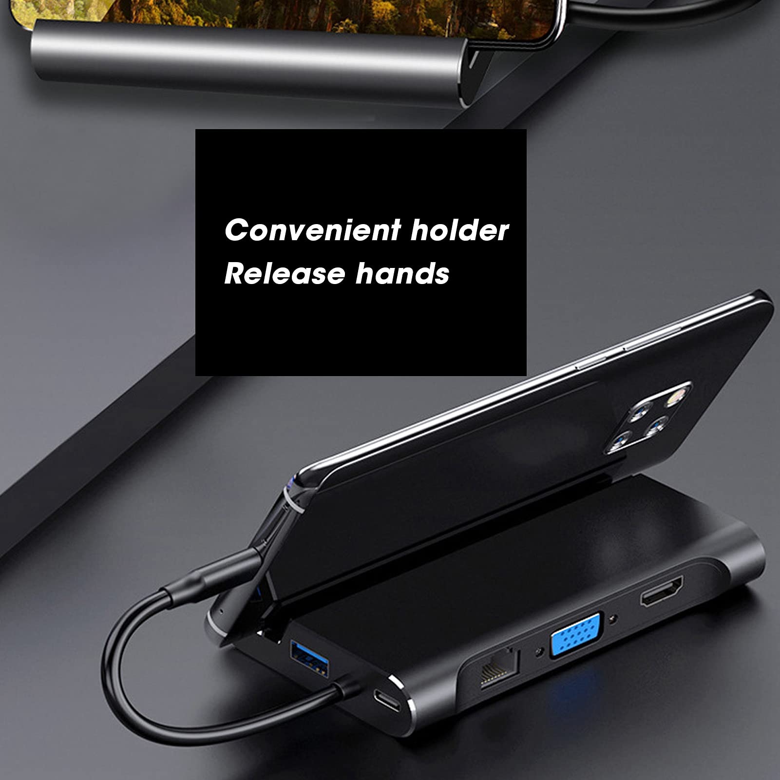 7-portowy Hub USB 3.0, 7-calowy 1 Stacja Dokująca Hub USB Typu C, Adapter Koncentratora USB, Interfejs Multimedialny HD/VGA/USB X 3 / PD, Obsługa 60W Mocy ładowania, Plug And Play