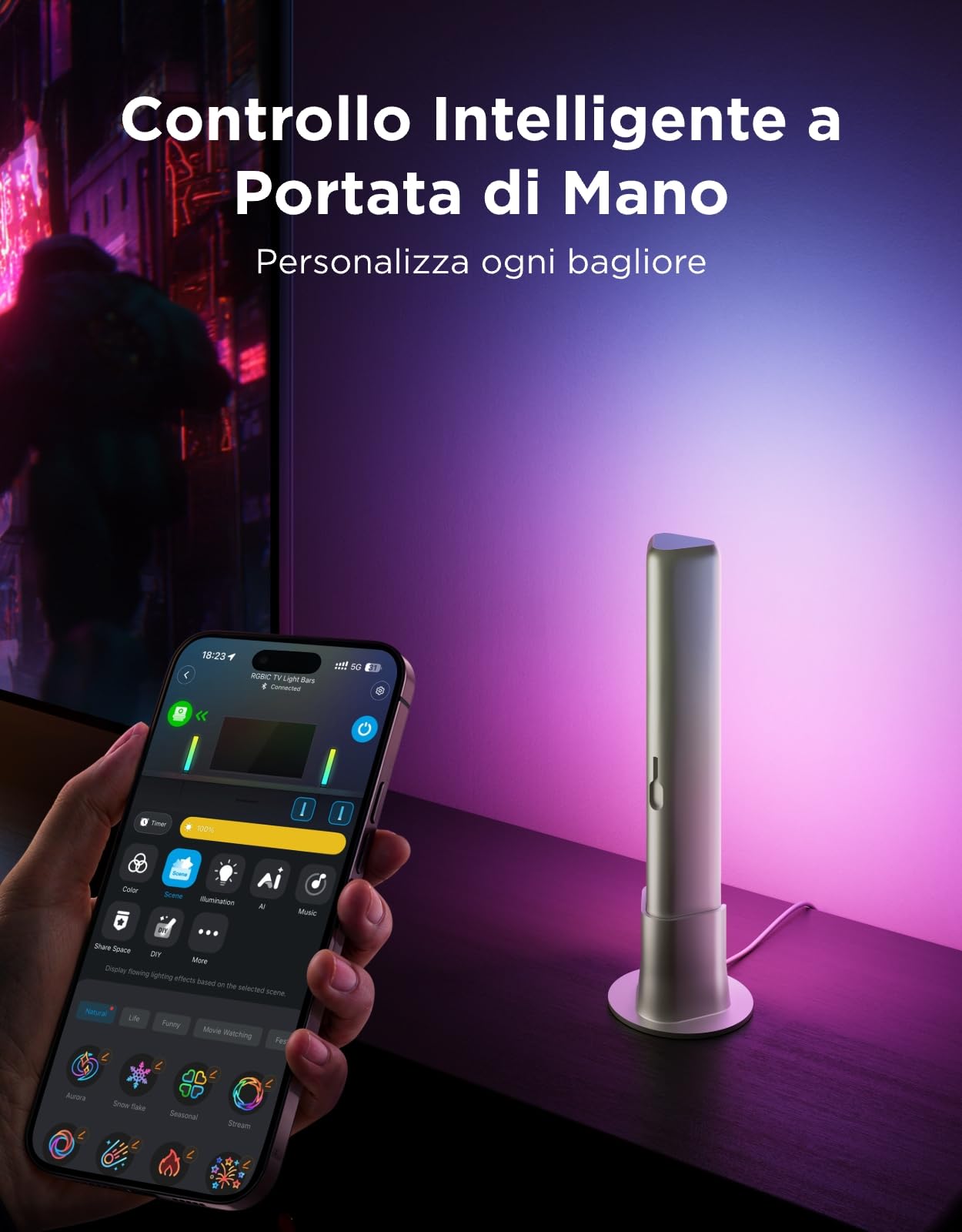 Govee Barre Luminose a LED Intelligenti, Retroilluminazione RGBICWW per TV | 64 Modalità Scena per Atmosfera, Giochi , Sincronizzazione Musicale, Compatibili con Alexa, Matter e Google Assistant,Argento