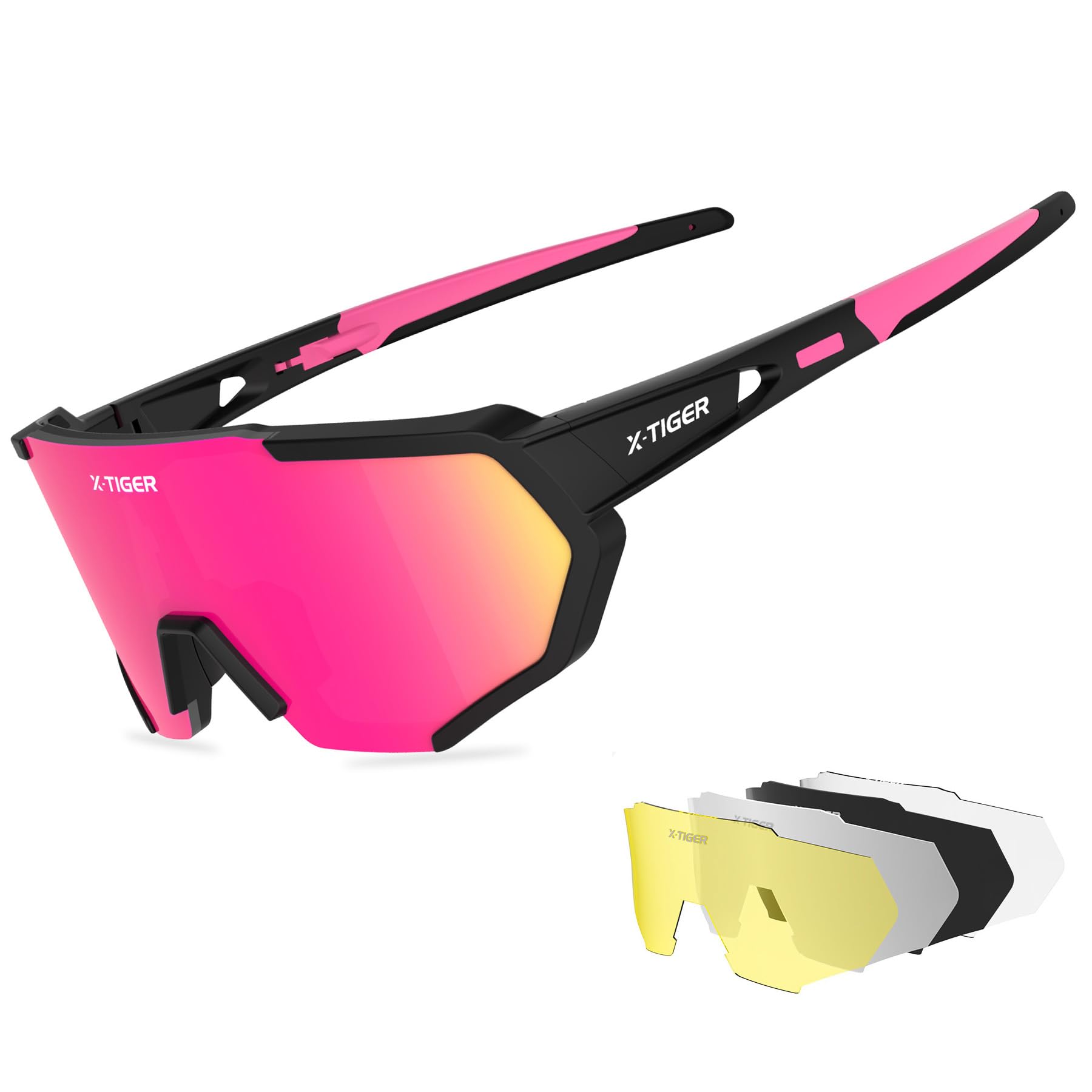 X-TIGER Fahrradbrille, Herren Damen Sportbrille, UV400 mit 5 Wechselgläser,Starker TR90 Frame, mit Montierbarem Brillenband & Ohrhaken, Outdoor-Sport/Radfahren/Laufen/Autofahren/Angeln/Golf