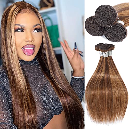 Brazilian Highlight Human Hair Bundles Two Tone Ombre Human Hair 3 Bundles Straight Wave P4/27 Virgin Human Hair Bundles Double Weft 100G/Pcs Light Brown Mixed Blonde（20 22 24Inch）