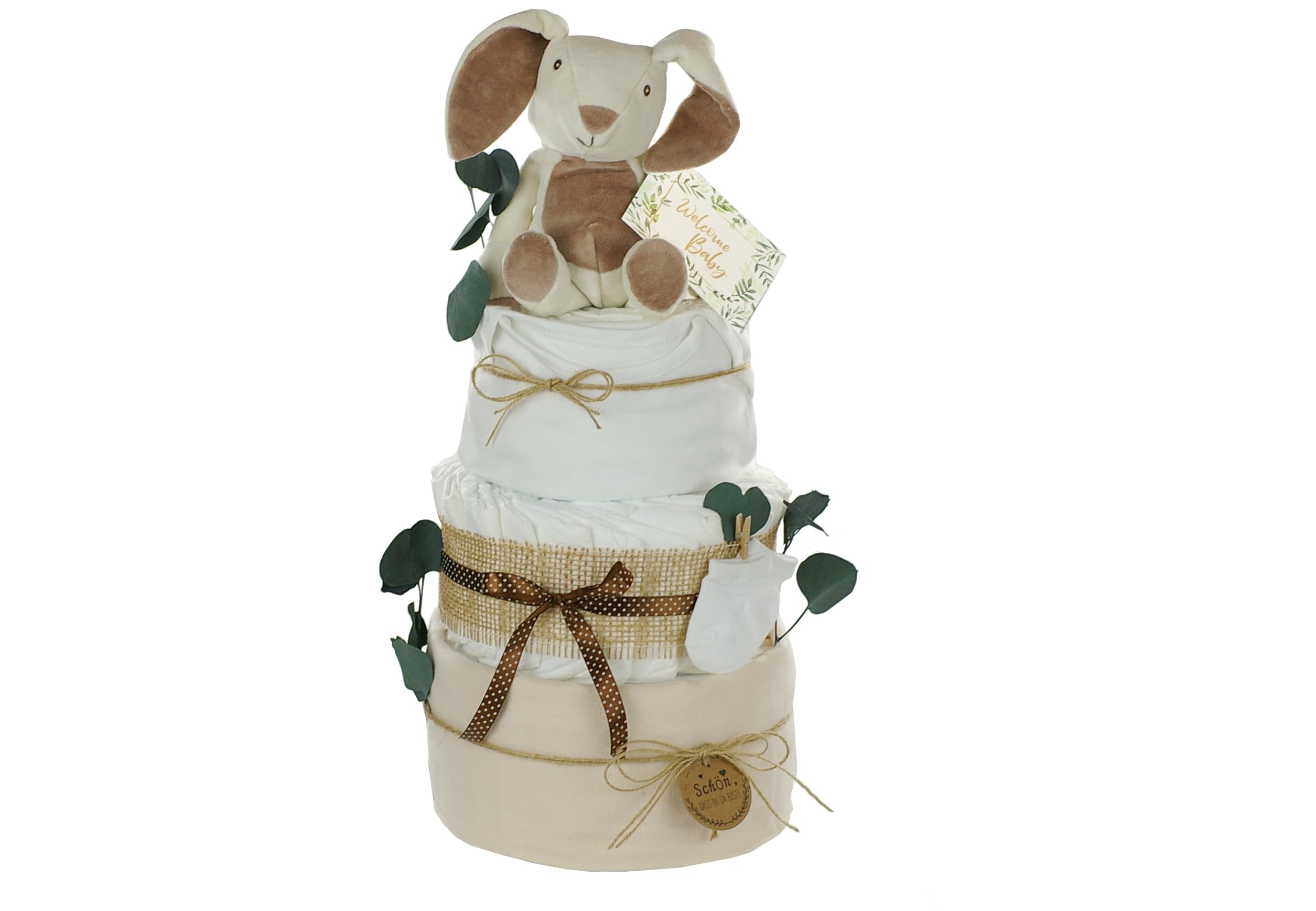 Gâteau de couches neutre lapin douillet personnalisable 4 étages crème naturel
