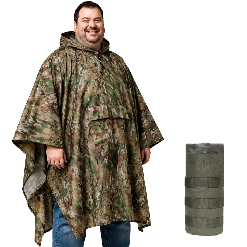 Poncho de pluie pour adulte grande taille avec capuche, poncho camouflage imperméable, poncho militaire pour camping, randonnée, pêche, voyage et plein air, facile à ranger.