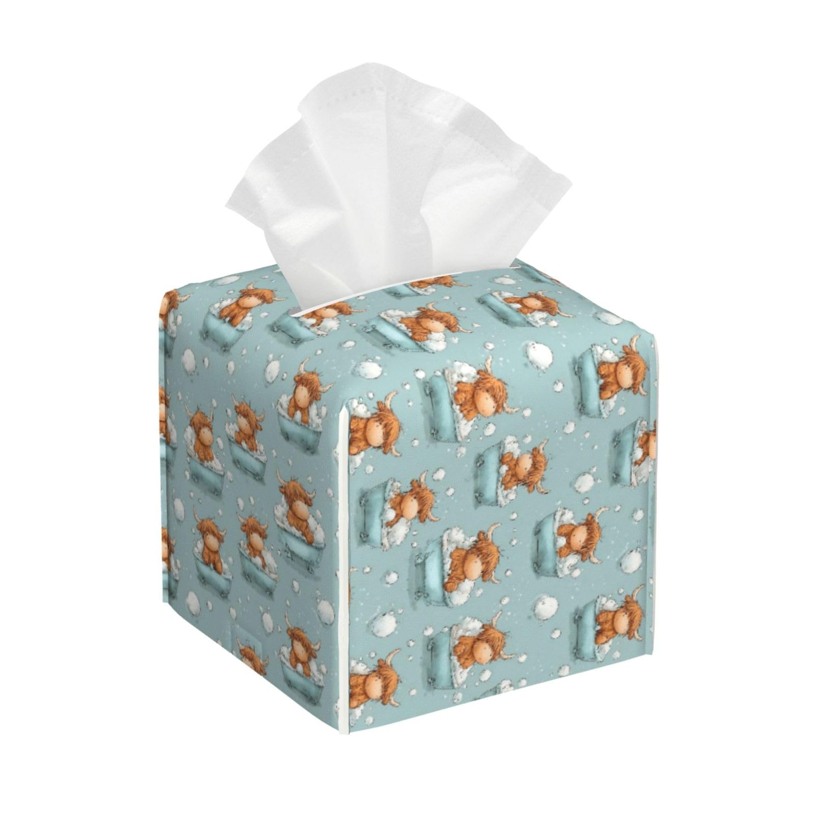 Cute Cow Taking Bath Print Tissue Box Cover Holder Square, Foldable Modern Cube Tissue Box Cover, Leather Decorative Organizer for Tabletop Bathroom Car Office Desk Decor