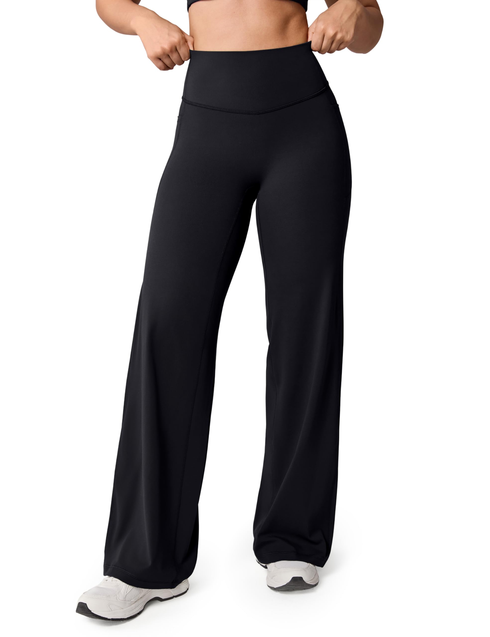 Hugcurve No Front Seam High Waisted Wide Leg Yoga Pants for Women with Side Pockets Lounge Buttery Soft