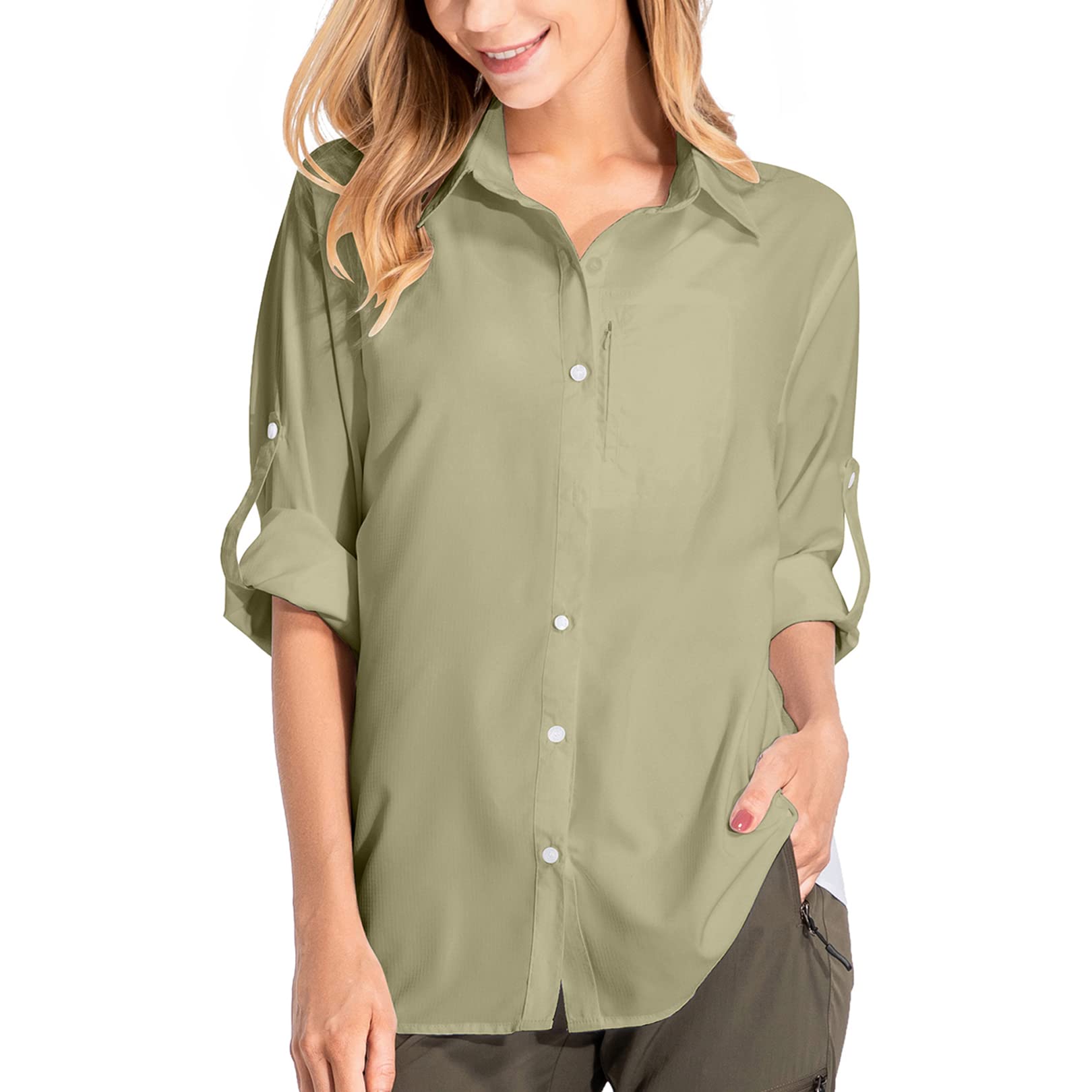 mosingleWomen's Safari Shirt Sun Protection Quick Dry Lightweight Long Sleeve Travel Fishing Blouses for Women Hiking Camping
