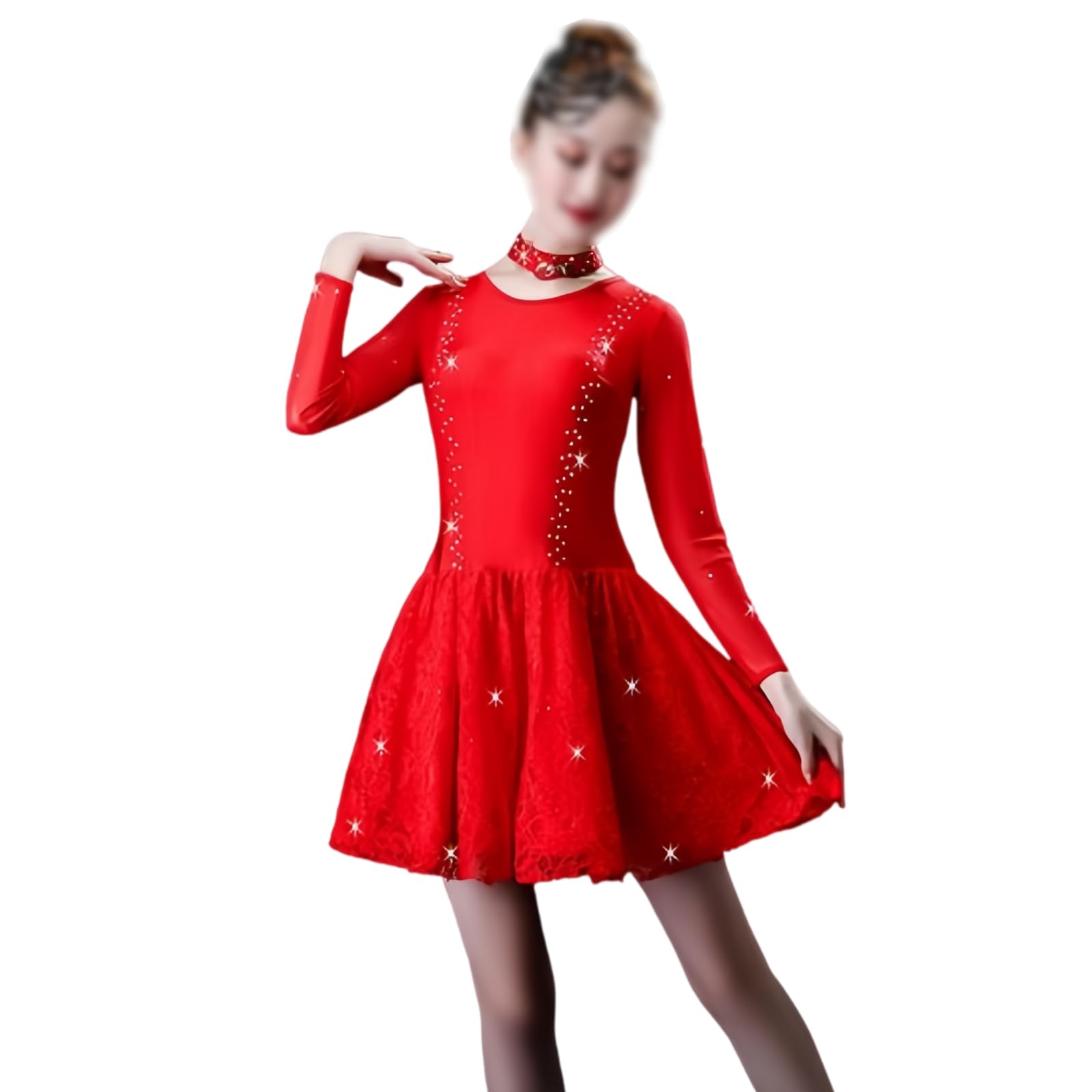 Damen Lateintanz Wettkampfkleid, Langarm Tanzbekleidung Mit Strass | Mit ausgestelltem Skaterrock für Salsa Rumba Cha Cha Samba und Tango Auftrittskostüm