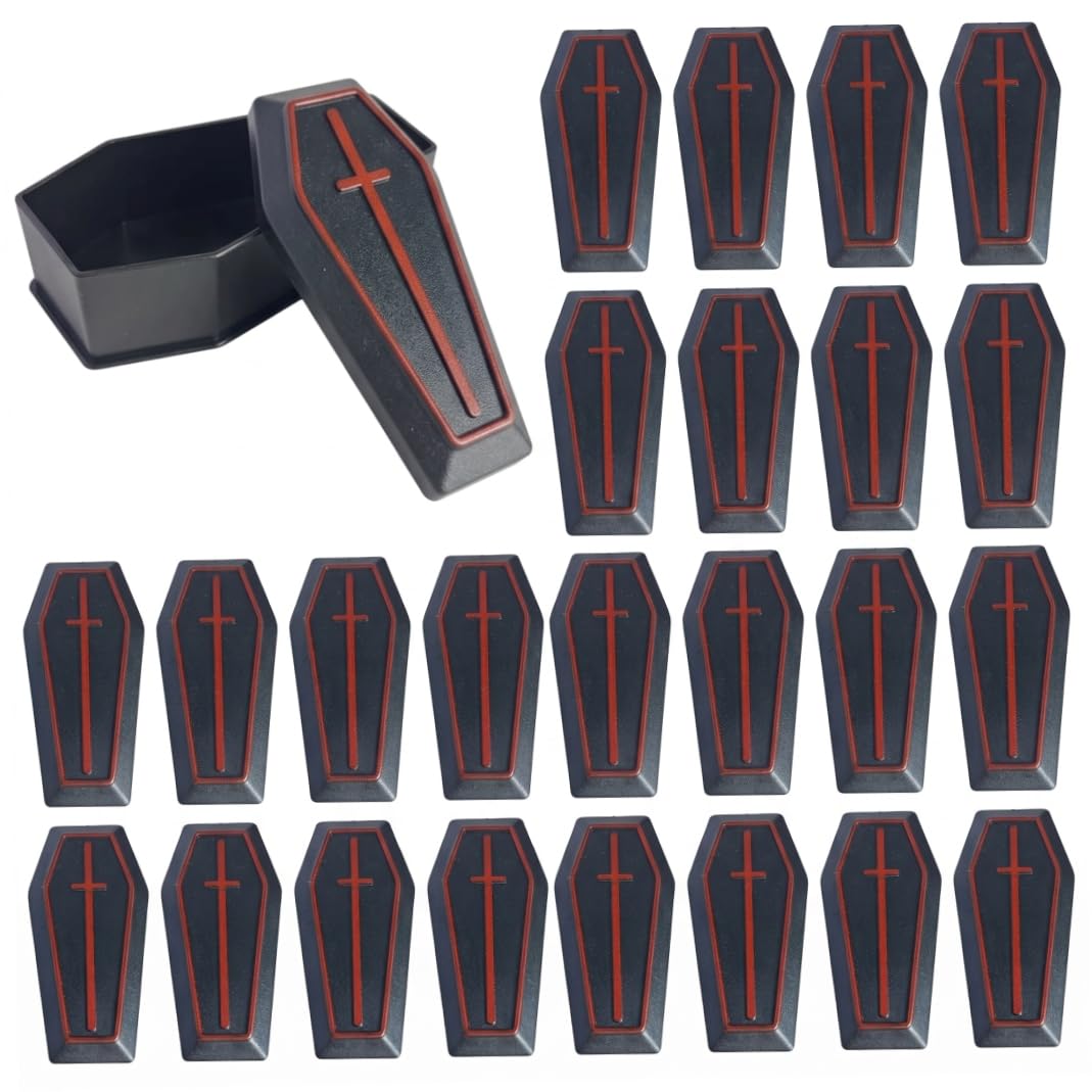 DAGLLGEW 24 PCS Mini Coffin Boxes with Lids, Plastic Halloween Basket Treat Containers for Spooky Celebrations, Black