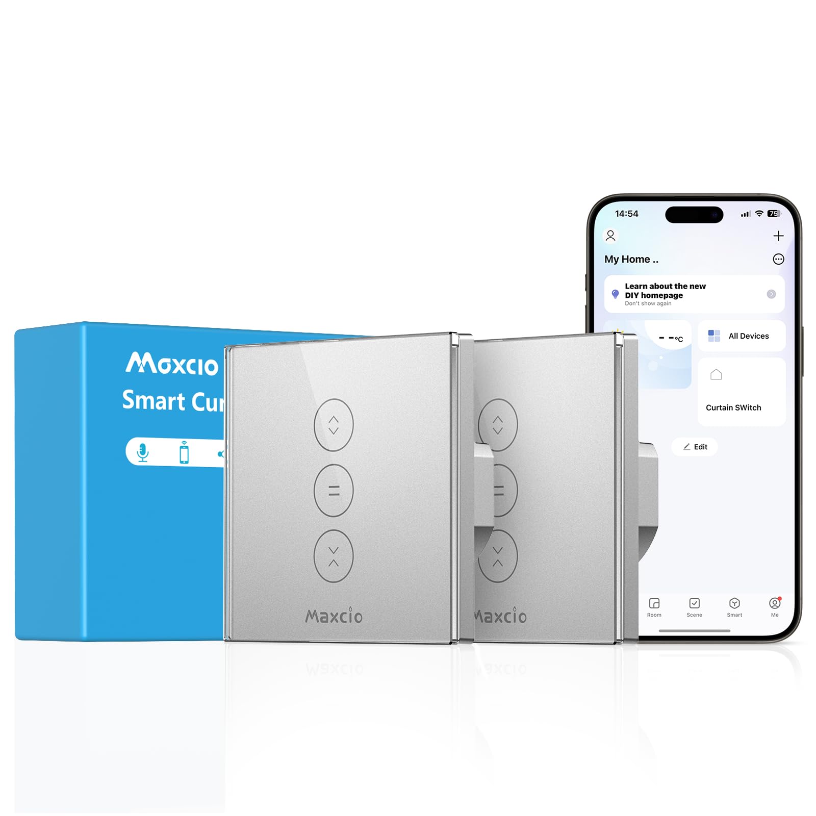 Maxcio Wifi Shutter Switch Compatible with Alexa and Google Home, Silver Smart Switch Blind with Timer and Voice Control, Neutral Cable Required (2 Packs)