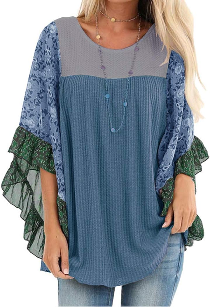 CASURESS Womens Floral Printed 3 4 Sleeve Shirt Batwing Loose Tops Blouses Pullover