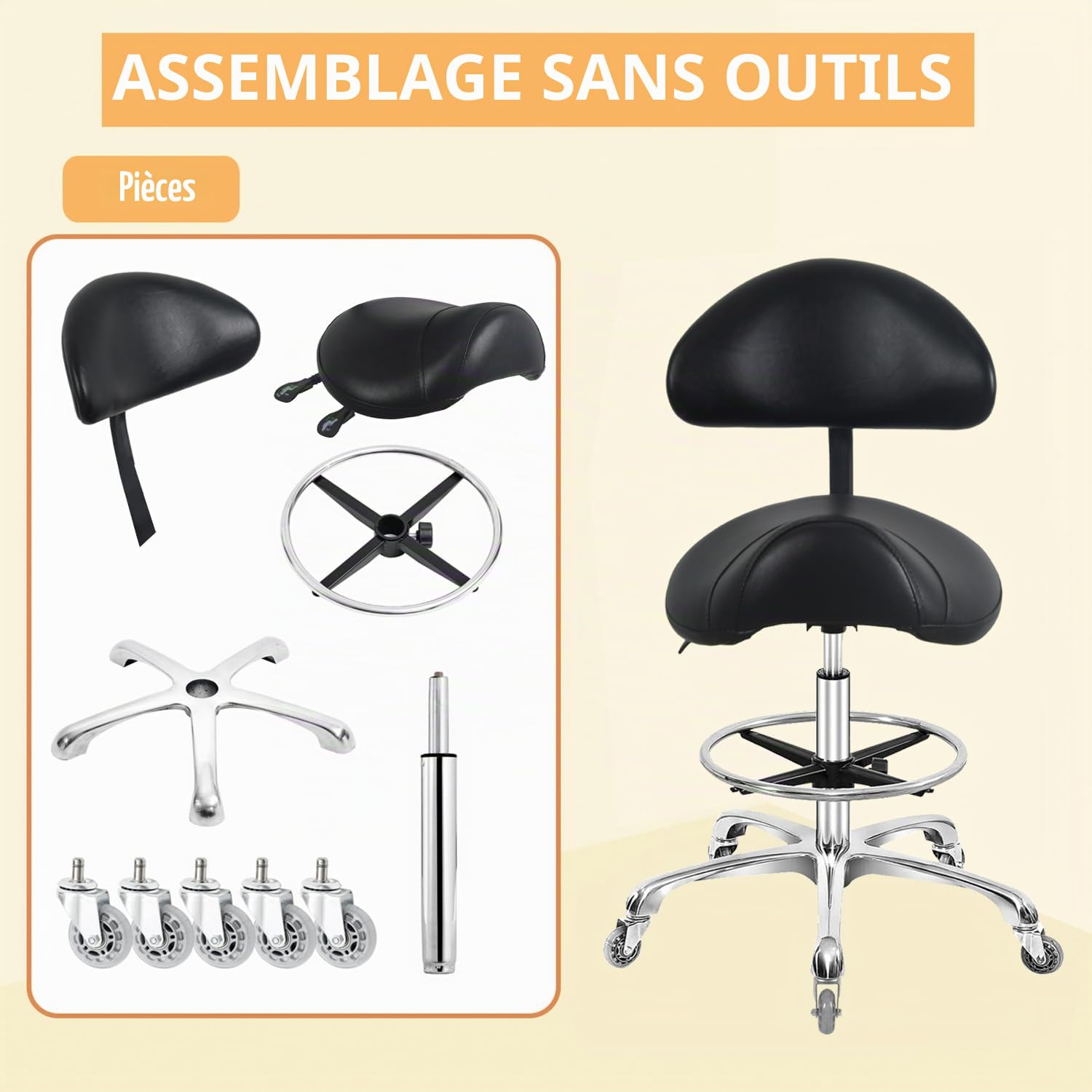 Tabouret de selle hydraulique pivotant réglable avec support dorsal et repose-pieds, résistant 158,8 kg, noir