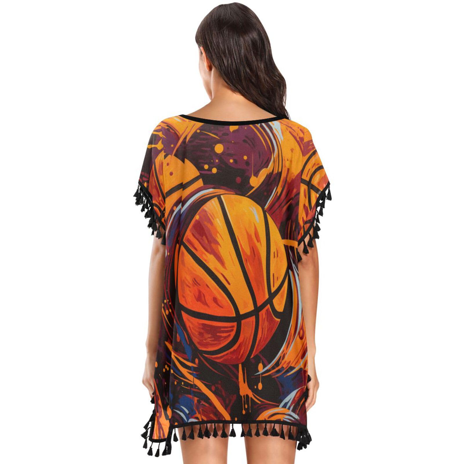 Watercolor Basketball Art Women's Beach Cover Up Chiffon Tassel Swimwear Swimsuit Coverups for Girl