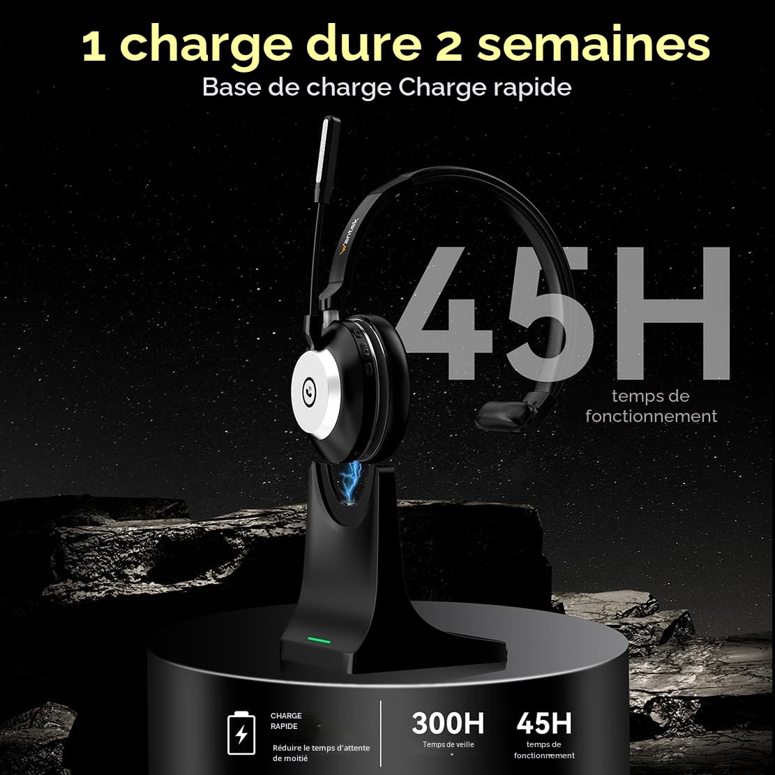 Casque Bluetooth sans fil avec microphone pour PC, casque d'ordinateur V5.2 avec micro antibruit, dongle USB, base de charge et bouton muet pour le travail, les téléphones portables, les ordinateurs