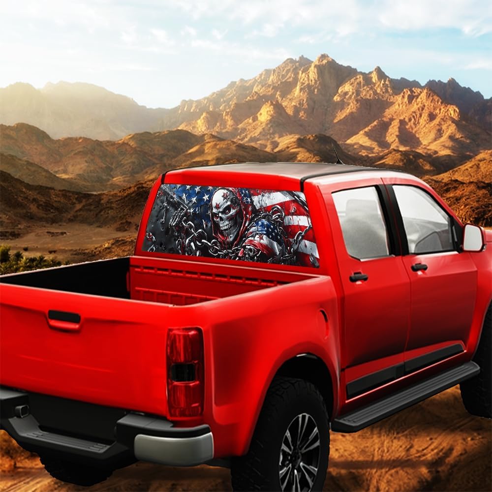 American Style Skulls Truck Rear Window Graphic Decals, Watercolor Flag Horror Skeleton Pickup Car Window Stickers Truck Back Window Film Decal for Trucks SUV 66 x 22 inch
