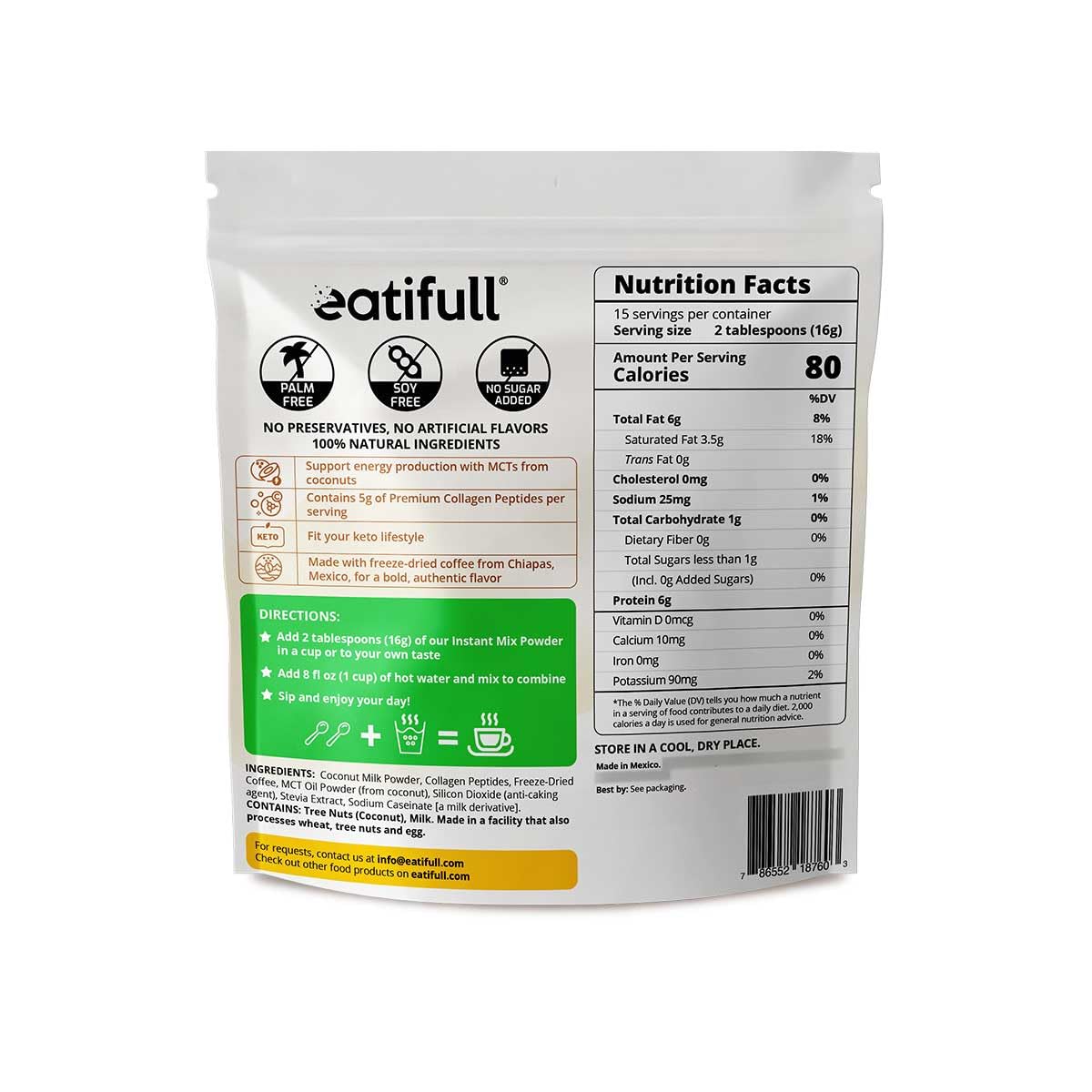 Eatifull Keto Coffee Latte - Instant Coffee (5g) of Collagen & MCT Oil - Sugar-Free, Stevia-Sweetened, High Protein (6g) - Medium Roast - Boosts Energy & Metabolism - 1 Bag