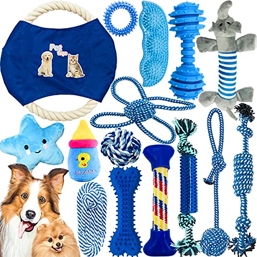 VIPNAJI Ensemble Lot de 15 de Jouets durables mâcher Corde Jouet Solitude Petits et Moyens Chiens santé, Chien Peluche, Cadeau-Coton Naturel et Non Toxique(Bleu)